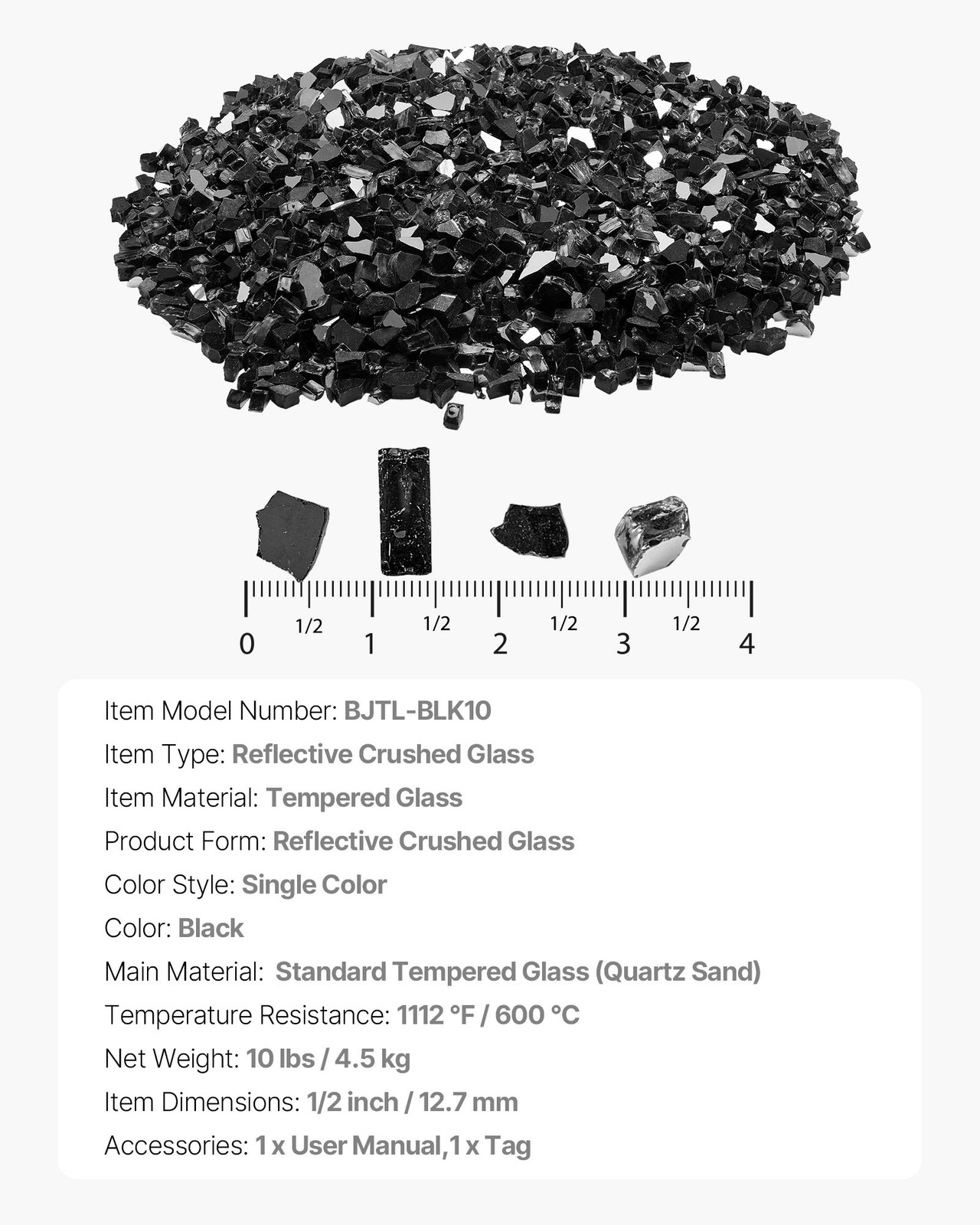 VEVOR 10 LBS Fire Glass 1/2-Inch Fireplace Glass Rocks for Fire Pit Table Black