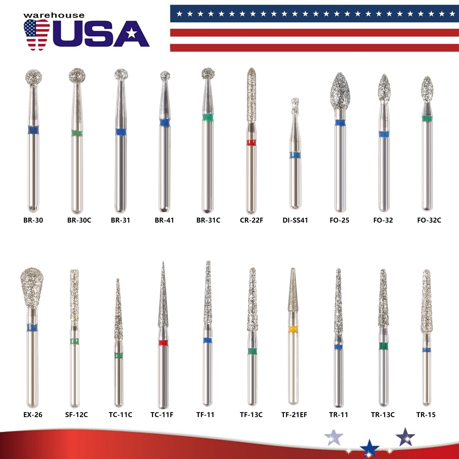 100 fresas diamante para turbina Diamond Burs dental High speed handpiece 1.6mm