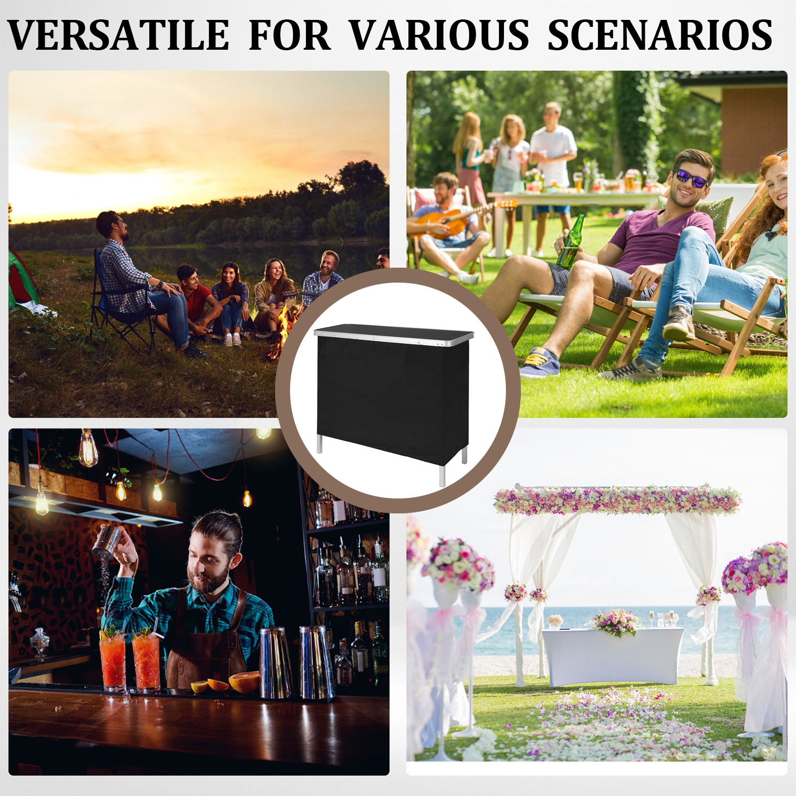 Portable Folding Bar 38.5" with Storage Shelves, Removable Skirt & Carry Case