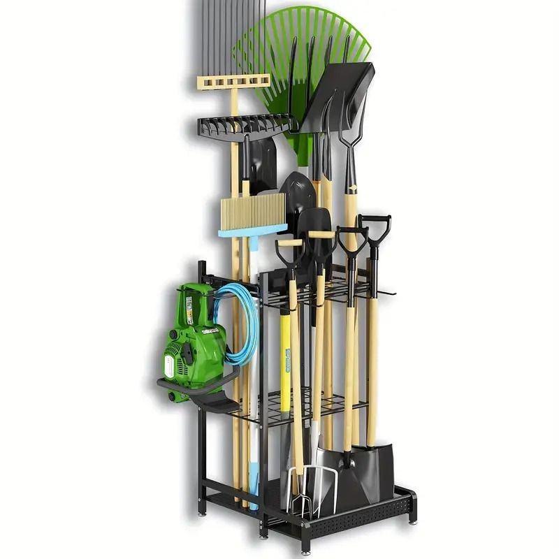 Heavy Duty Garden Tool Organizer Rack with Hooks – Metal Yard Storage Stand for