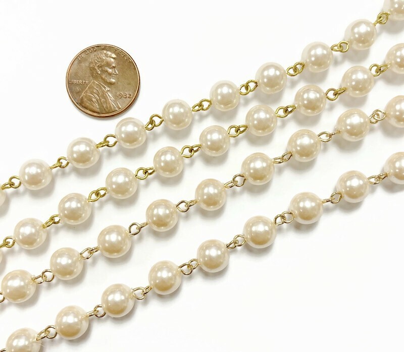 3 VINTAGE JAPANESE PEARL ACRYLIC ROUND BEADED BRASS LINK 6.5" CHAIN SECTIONS 572