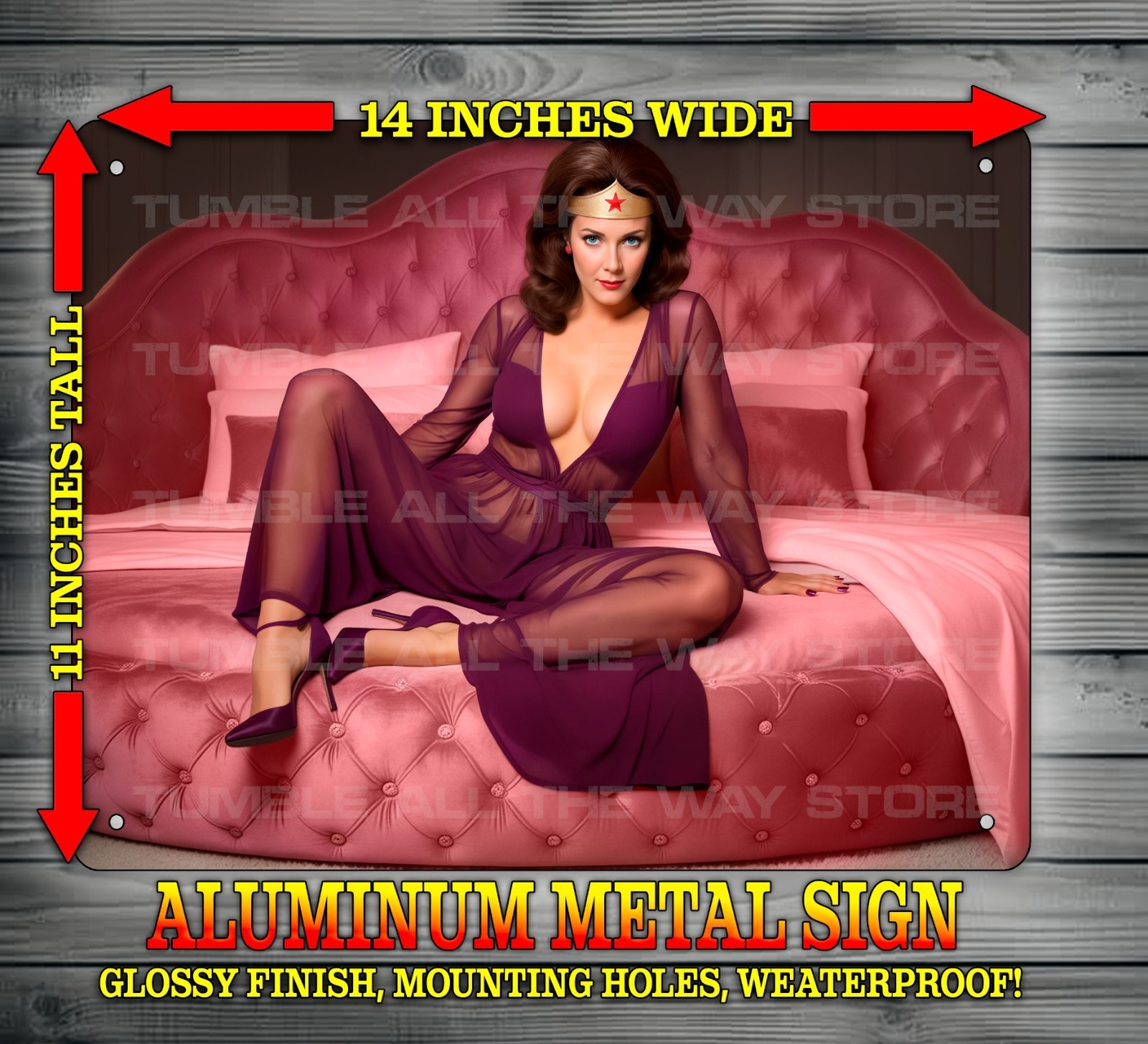 Sexy Lynda Carter Wonder Woman in Purple Nightgown Metal Sign Wall Art 14" x 11"