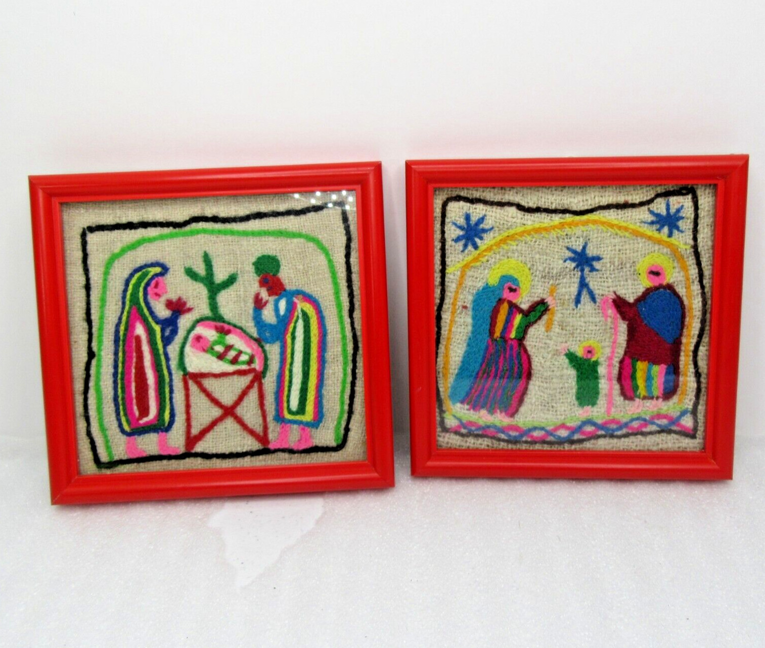 2 Peruvian Christmas NATIVITY scenes Needle Handcrafted Pictures folk art framed