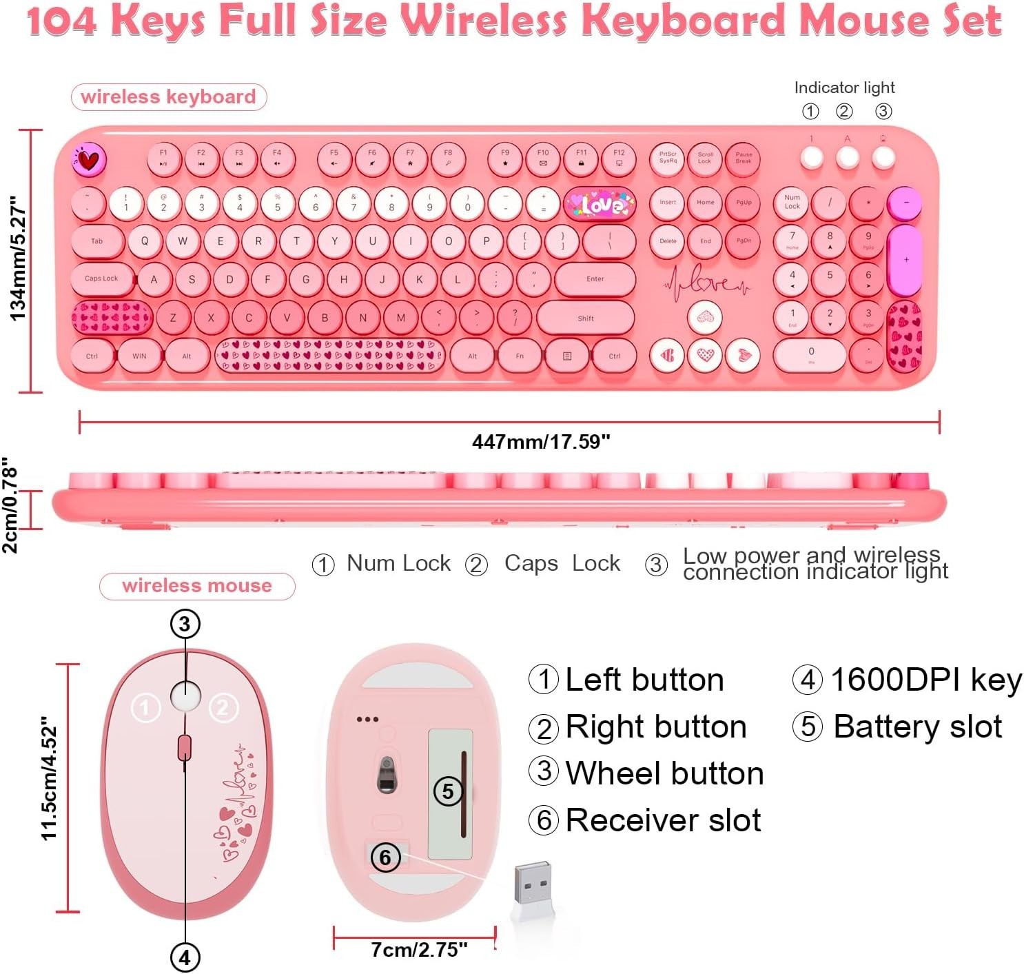 Pink Wireless Keyboard and Mouse,MOFII 104 Round Keys Lovely Full-Size