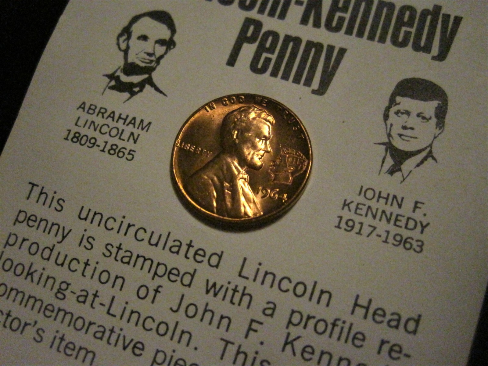 Red Unc 1964 Lincoln Kennedy Penny Astonishing Coincidences JFK Cent Card