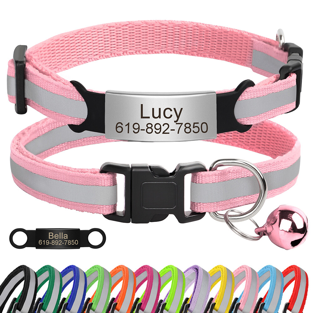 Reflective Personalized Kitten Cat Collar + Bell Engraved Name ID Tag Adjustable