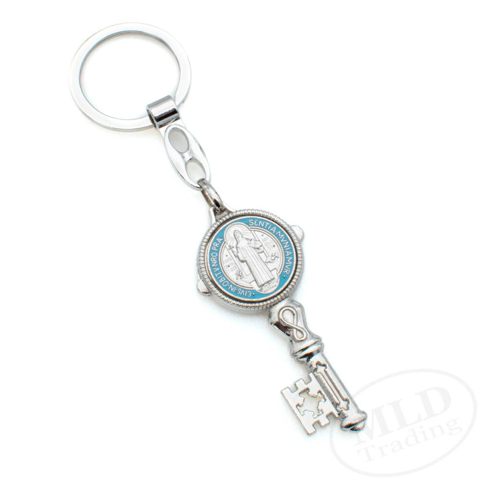 Saint St Benedict Key Shaped Medal Pendant Key Chain Silver & Blue - Religious
