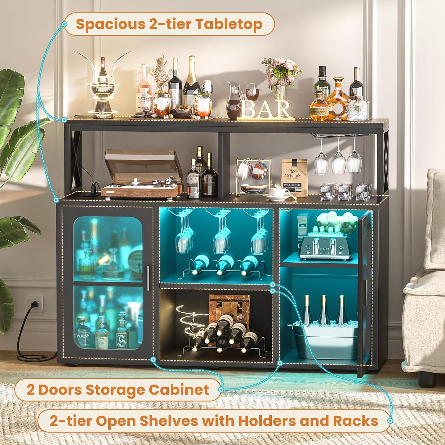 47" Bar Cabinet with LED Lights ＆ Glass Holder ＆ Racks, Storage Buffet Cabinet