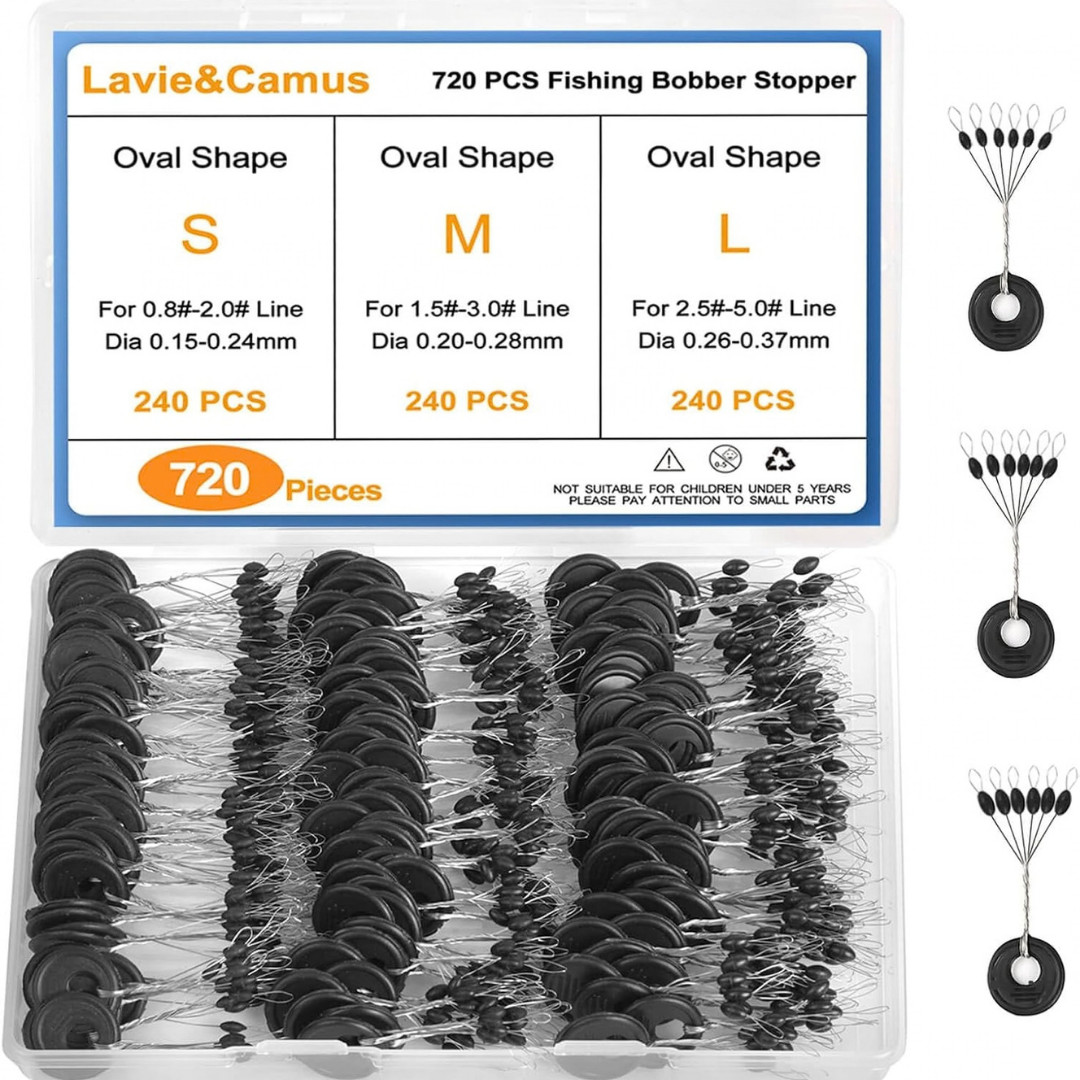 720 PCS Fishing Bobber Stopper Oval Floats Sinker Stops 6 in 1 Black Rubber Size