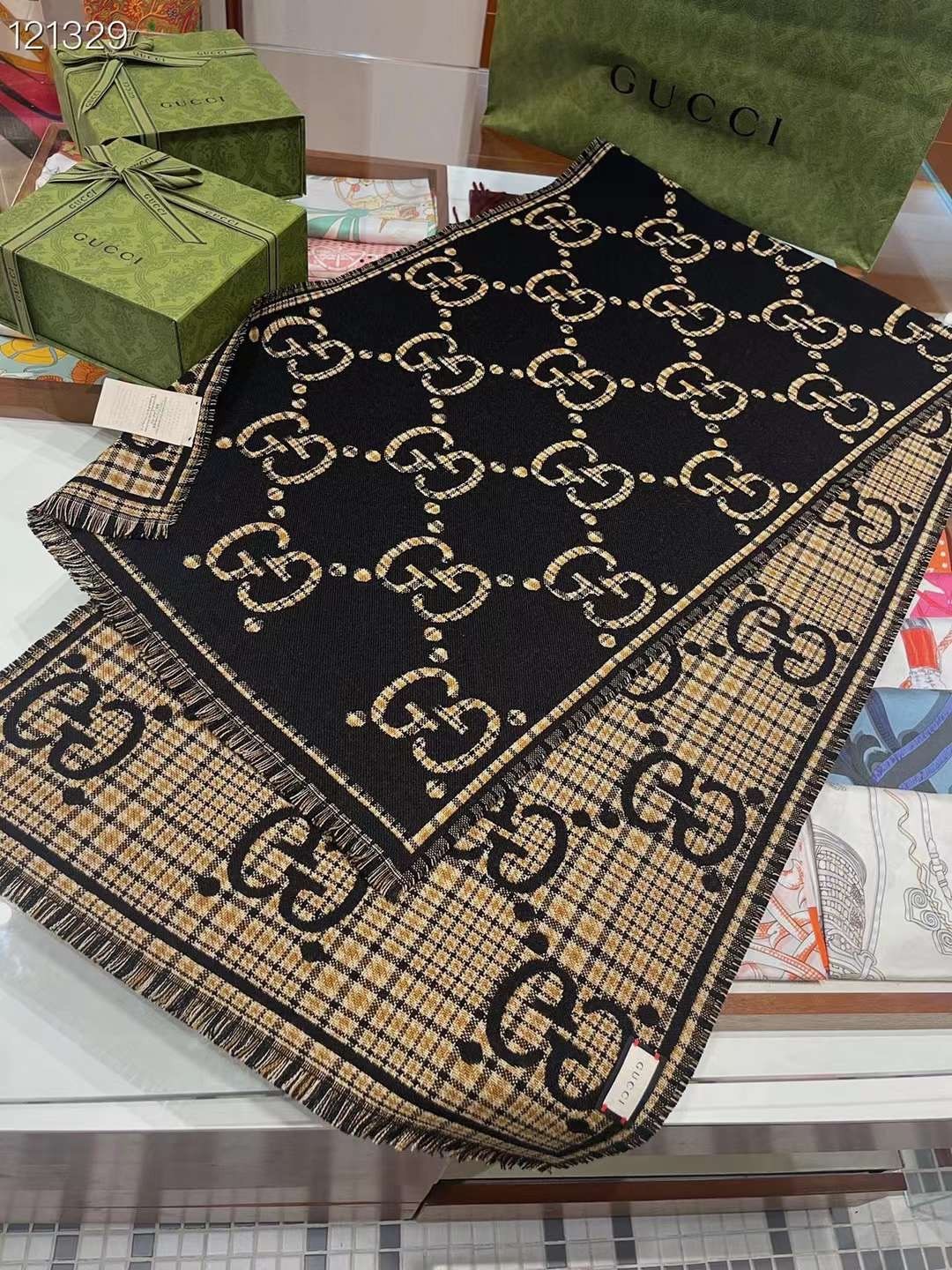 SCARF GUCCI SCARF SHAWL AUTHENTIC 100% CASHMERE BLACK BEIGE CLASSIC LOGO