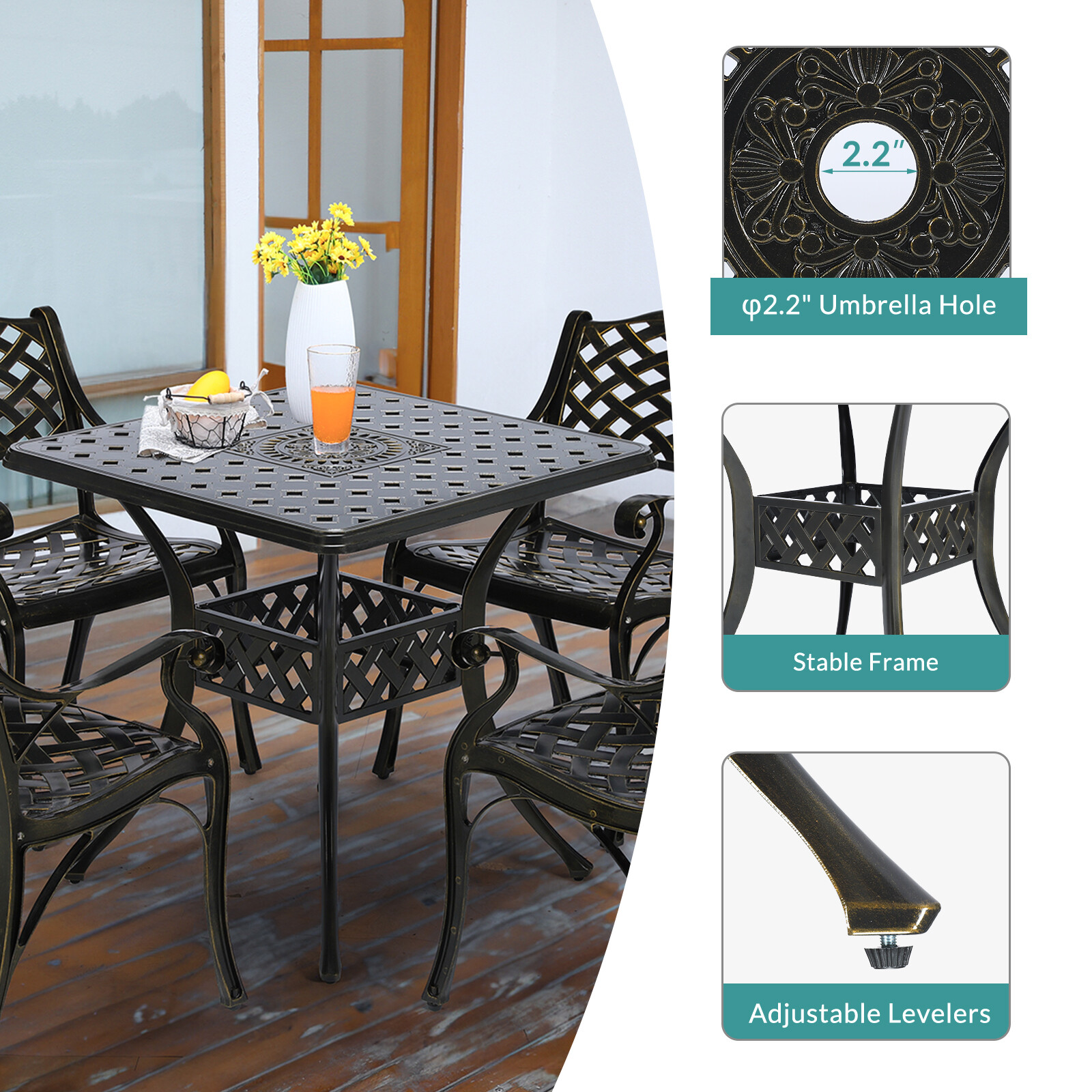 Outdoor Patio Square Dining Table Cast Aluminum All-Weather W/ Umbrella Hole