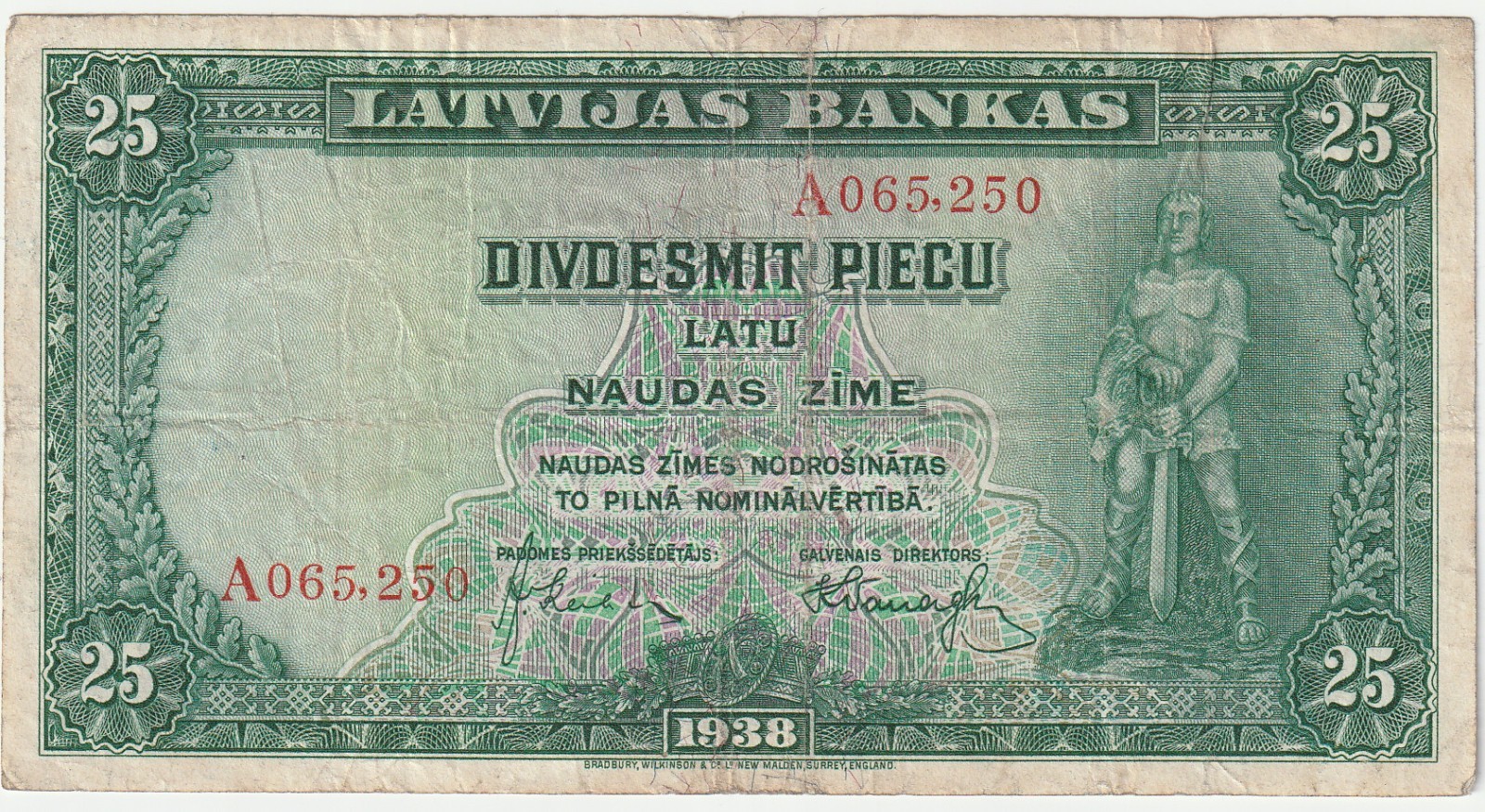 Latvia 25 Latu Banknote 1938 Very Fine Grade-20 Pick#21-250