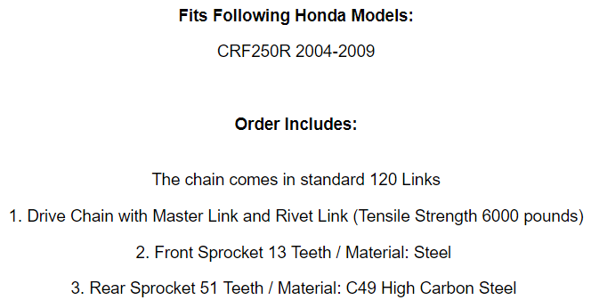 Drive Chain & Sprocket Kit for Honda CRF250R 2004 2005 2006 2007 2008 2009
