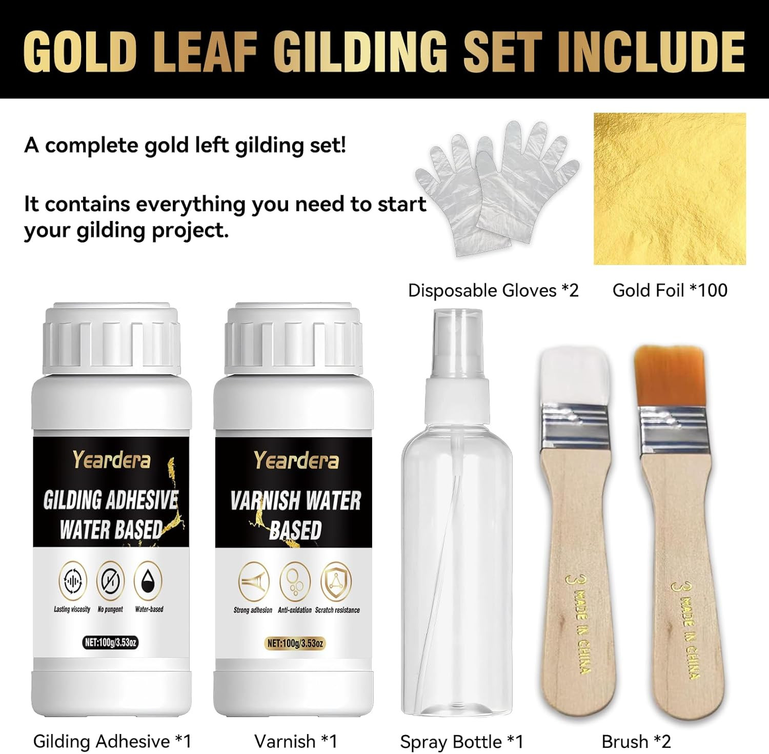 Gold Leaf Kit, 100ml Gilding Adhesive and Varnish with 100 Gold Leaf Sheets for