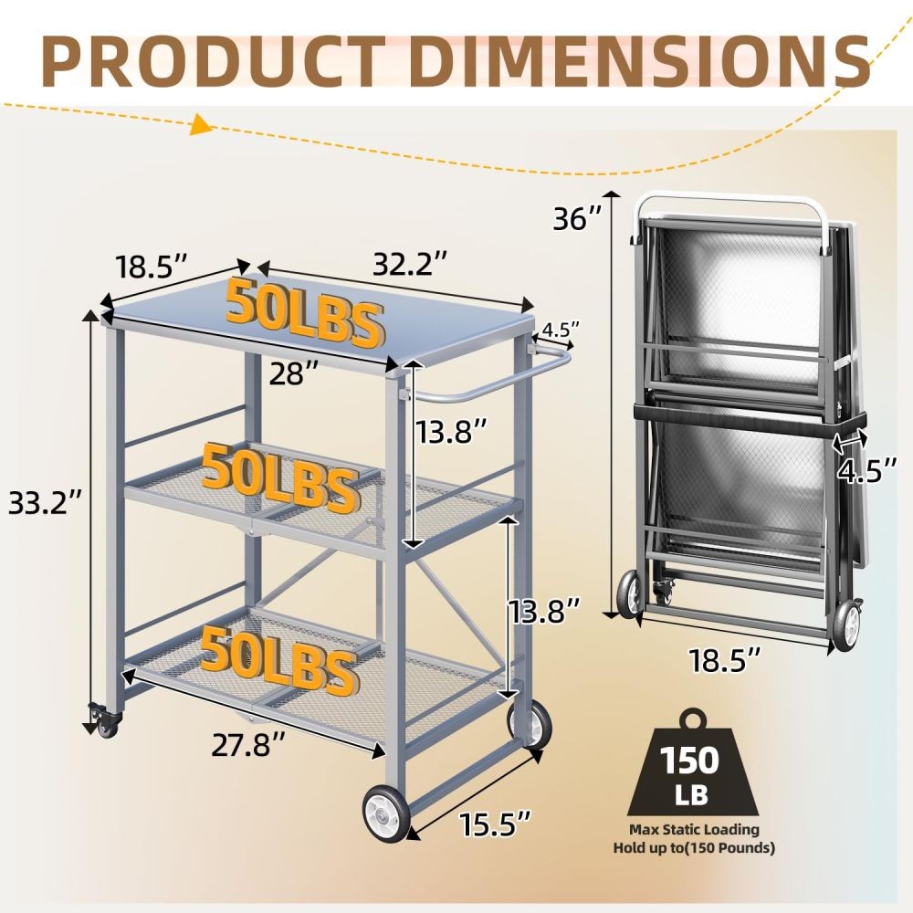 Outdoor Grill Table, Stainless Steel 3-Tier Folding BBQ Prep Table with Casters
