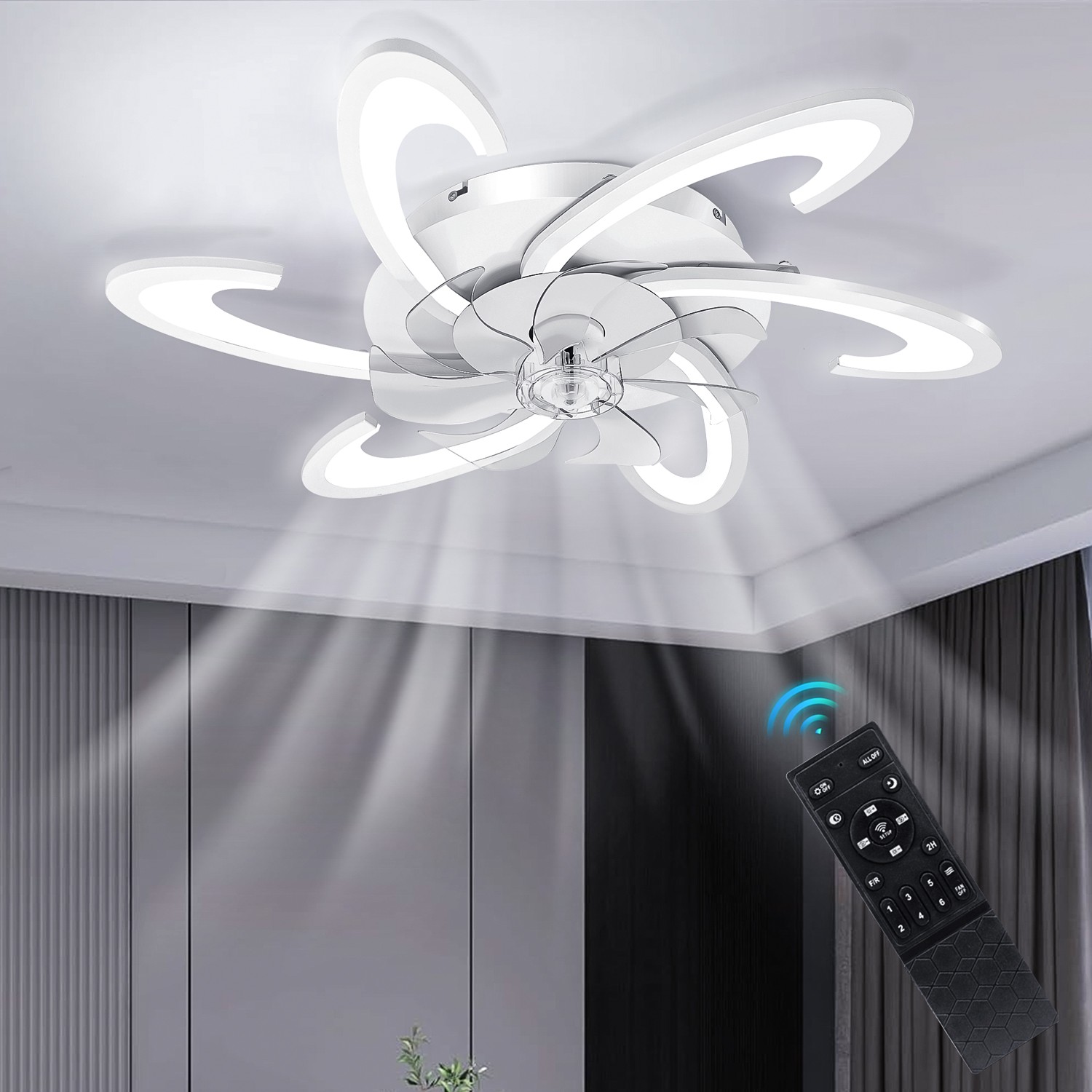 Control,Geometric Colors Fan Speeds& Bladeless,White Bedroom Remote 6 Ceiling 3