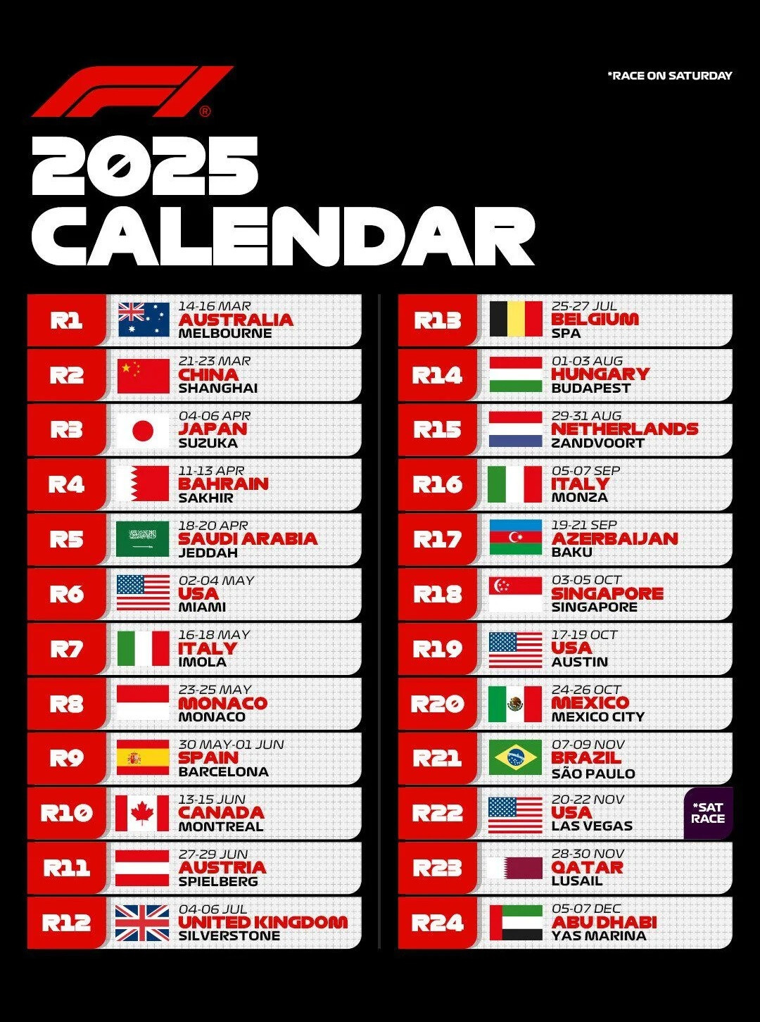 2025 FORMULA 1 SCHEDULE FRIDGE MAGNET 5" X 3.5"