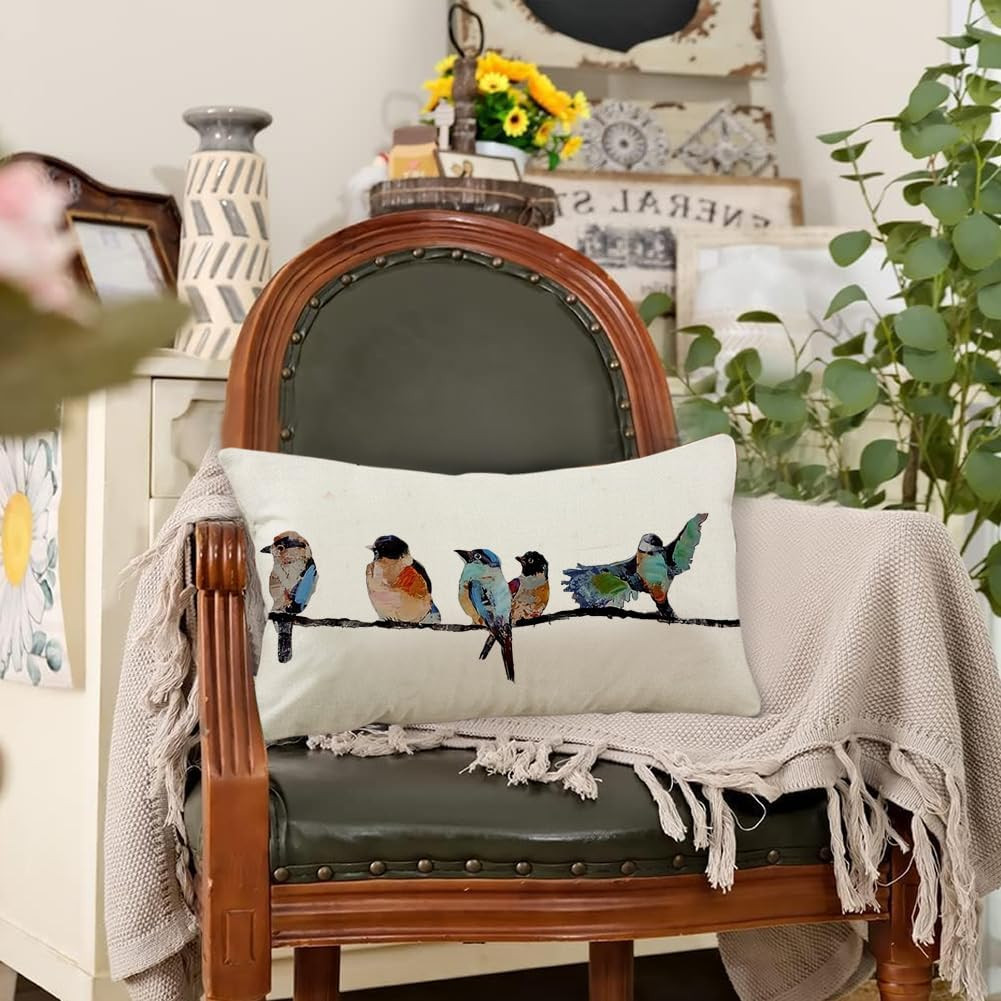 12x20 Lumbar Pillow Decorative Throw Pillows,Small Hand-Painted Outdoor Birds Pi