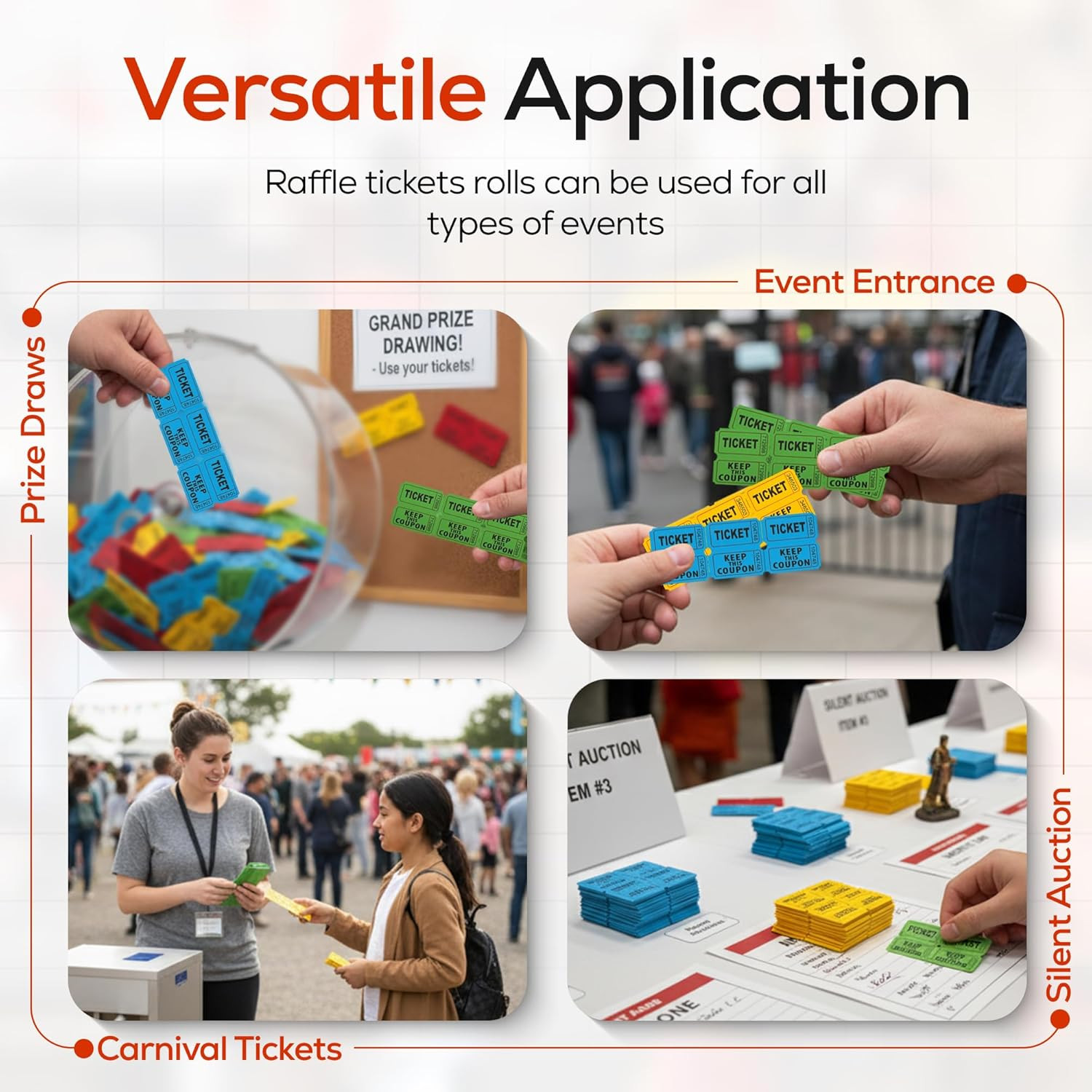 1000 Pairs (2000 Pcs) Raffle Tickets, 50/50 Double Raffle Tickets (Blue/Red/Gree