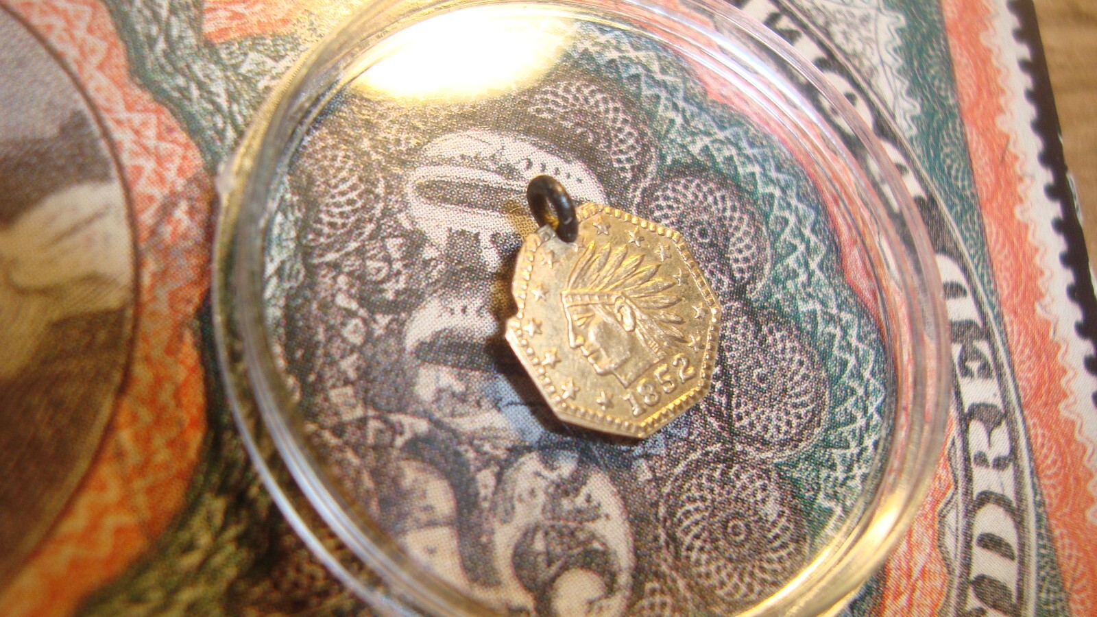 California GOLD 1852 Indian Head .50 Gold Token/Jewelry - Octagonal w/Hole