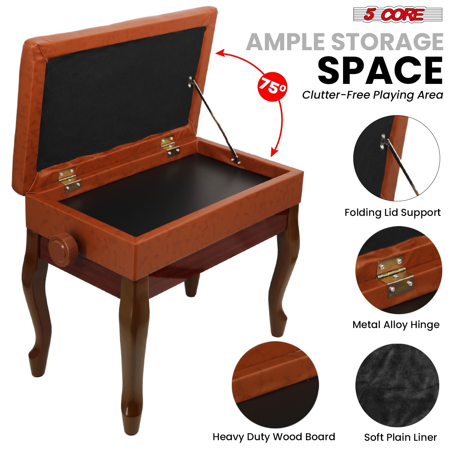 5 Core Piano Bench 3" Padded Cushioned Stool Wooden Heavy Duty Musician Chair