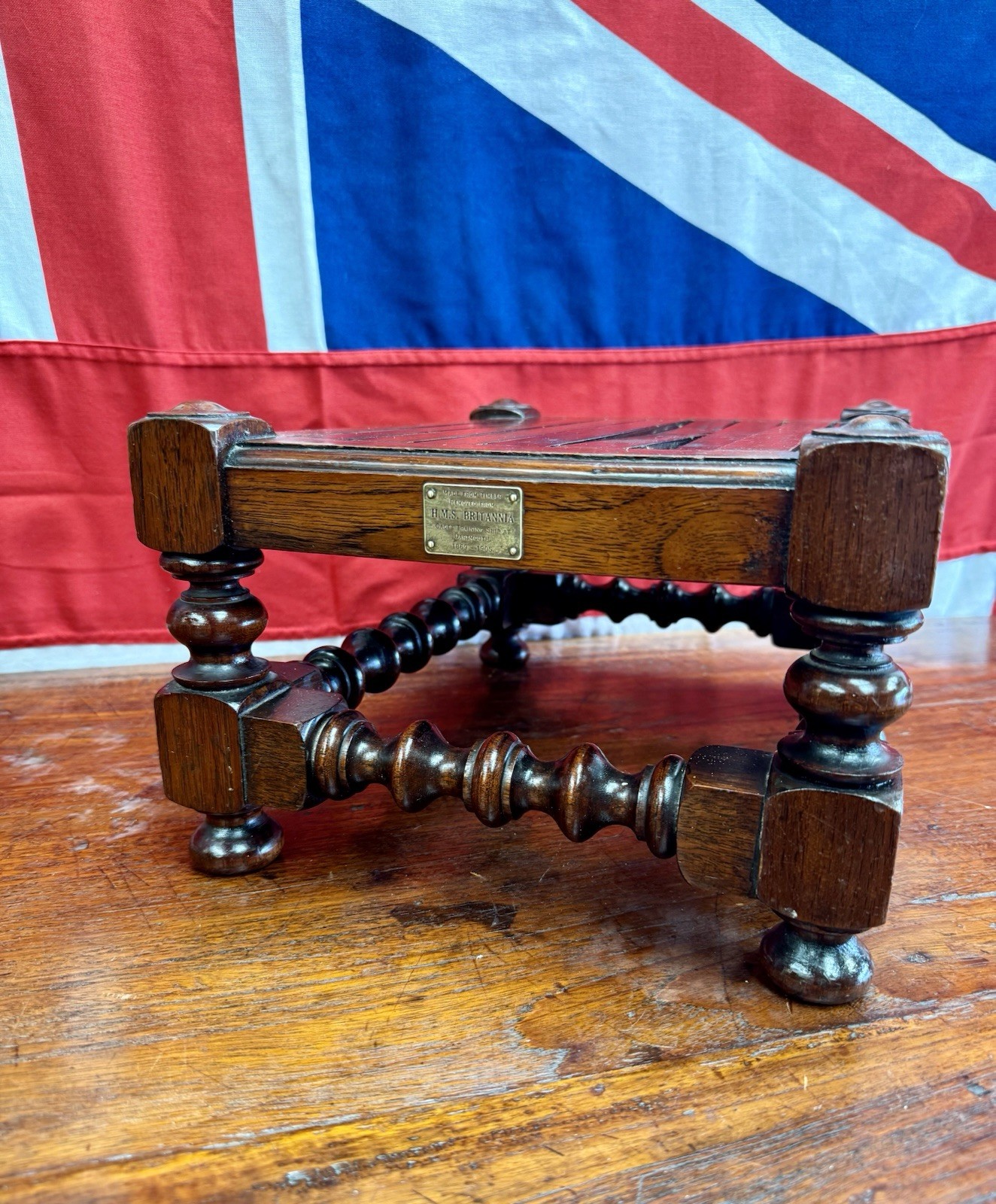 Handcrafted Royal Navy Footstool from Salvaged Timber off HMS Britannia