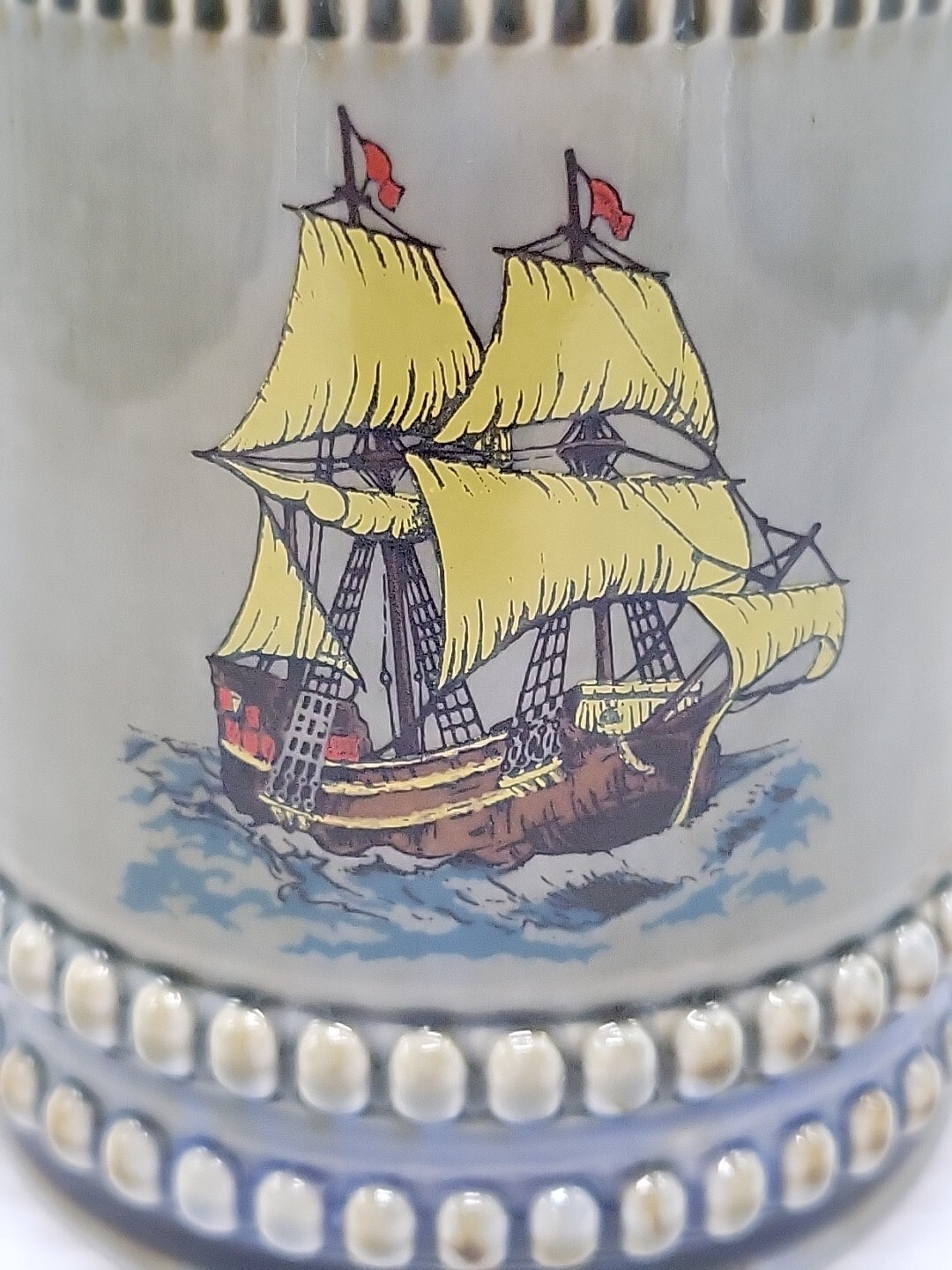 Vintage Wade Ireland Green Beer Stein Mug Sail Boat Yellow Sails