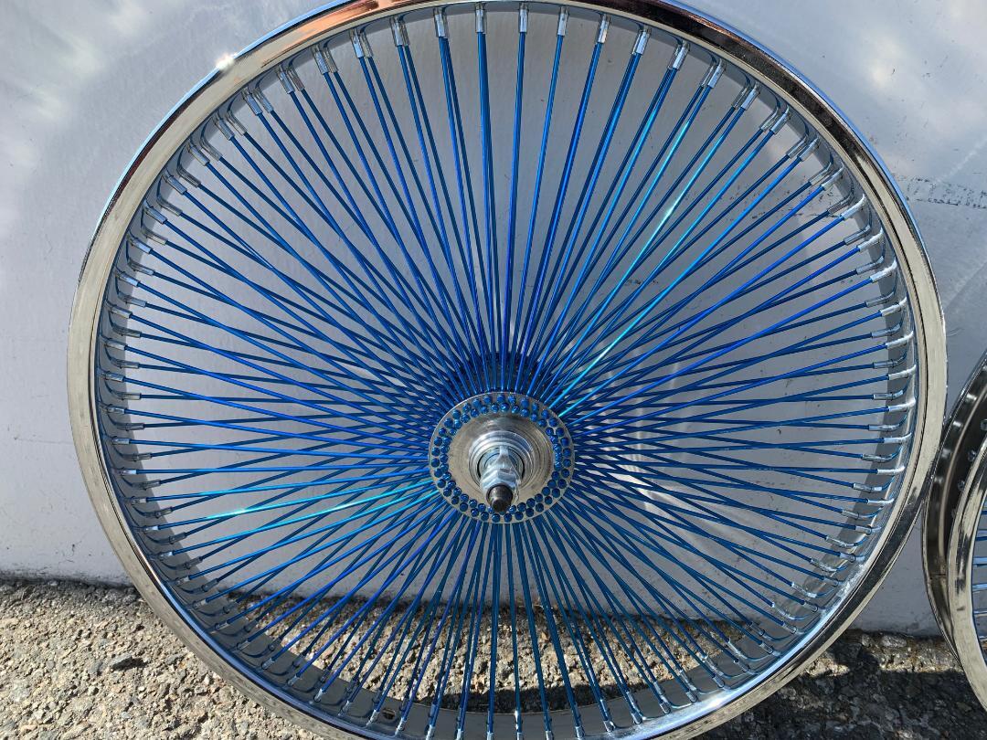 CHROME BICYCLE 20" STEEL WHEELSET W/ 140 BLUE SPOKES LOWRIDER CRUISER BIKES