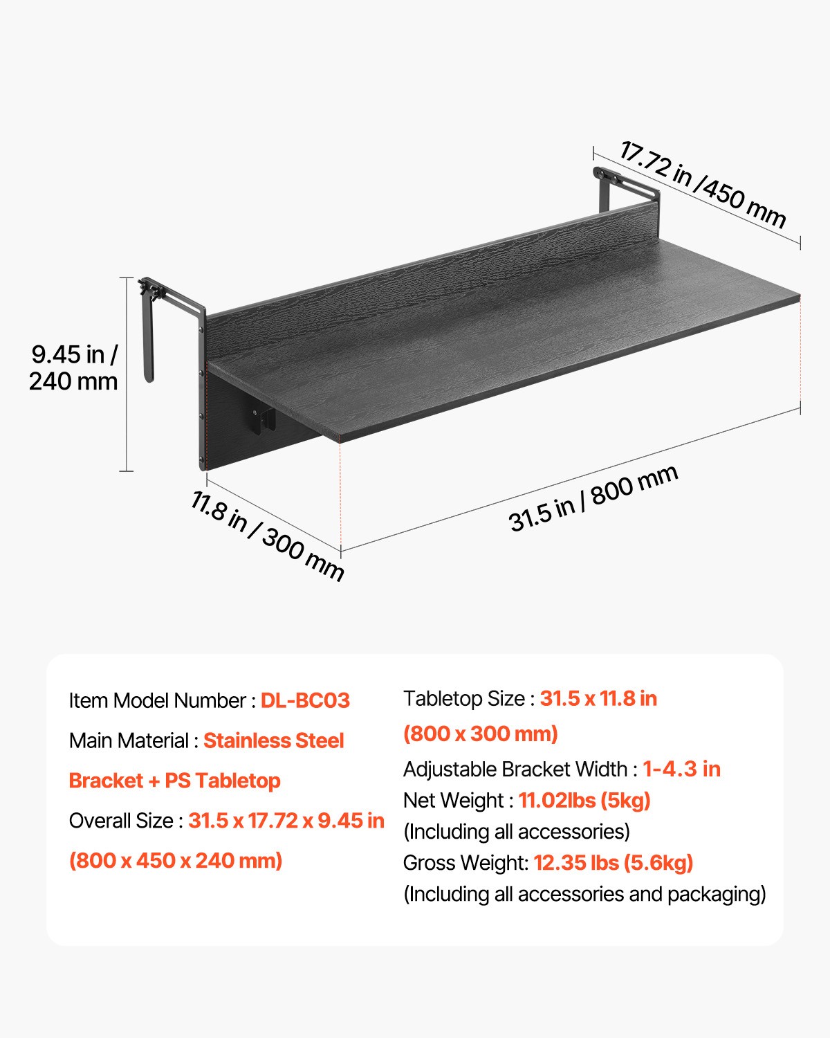 Balcony Hanging Table 12 x 32 in Outdoor Patio Railing Bar Table Foldable