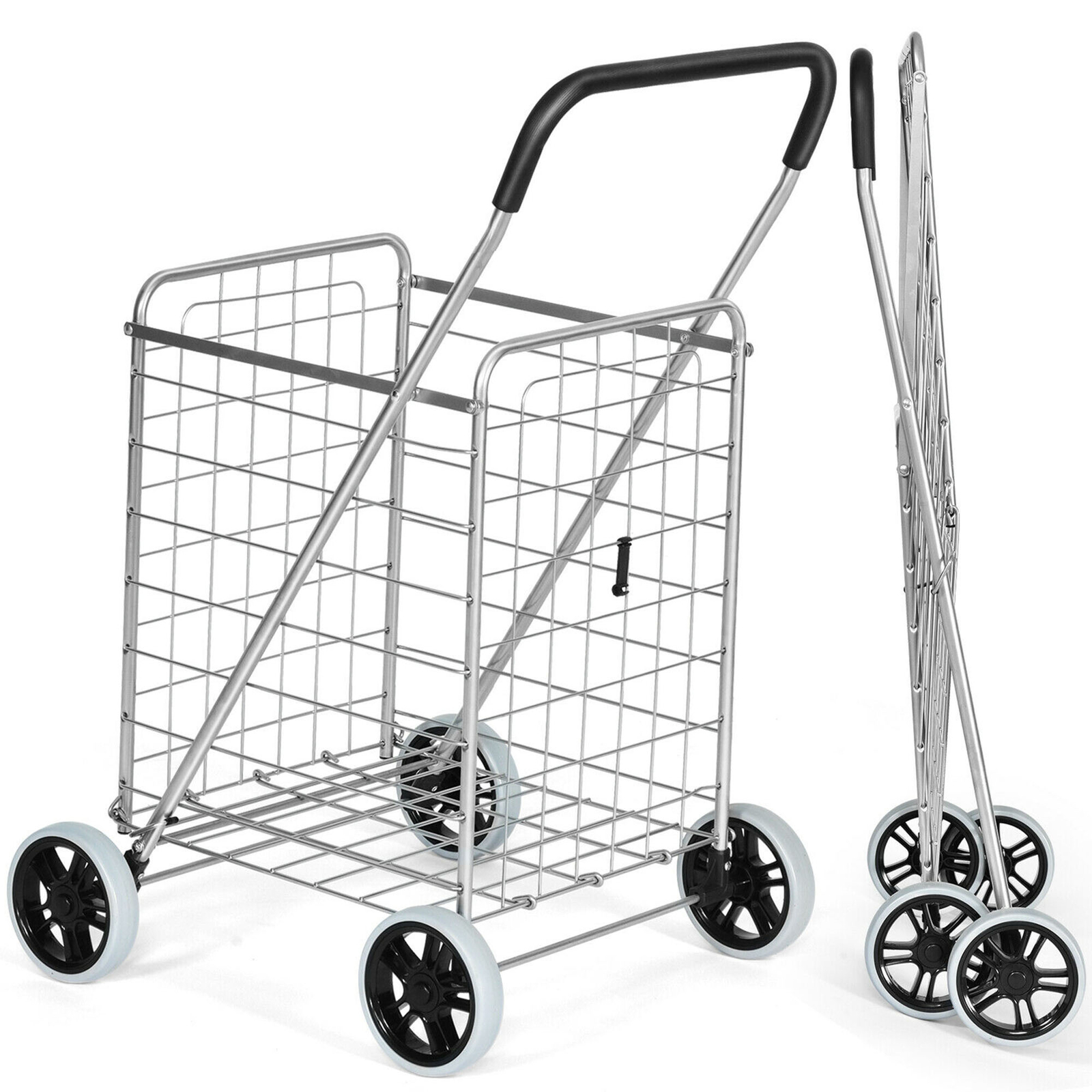 Folding Shopping Cart Utility Trolley Portable For Grocery Laundry Travel Silver