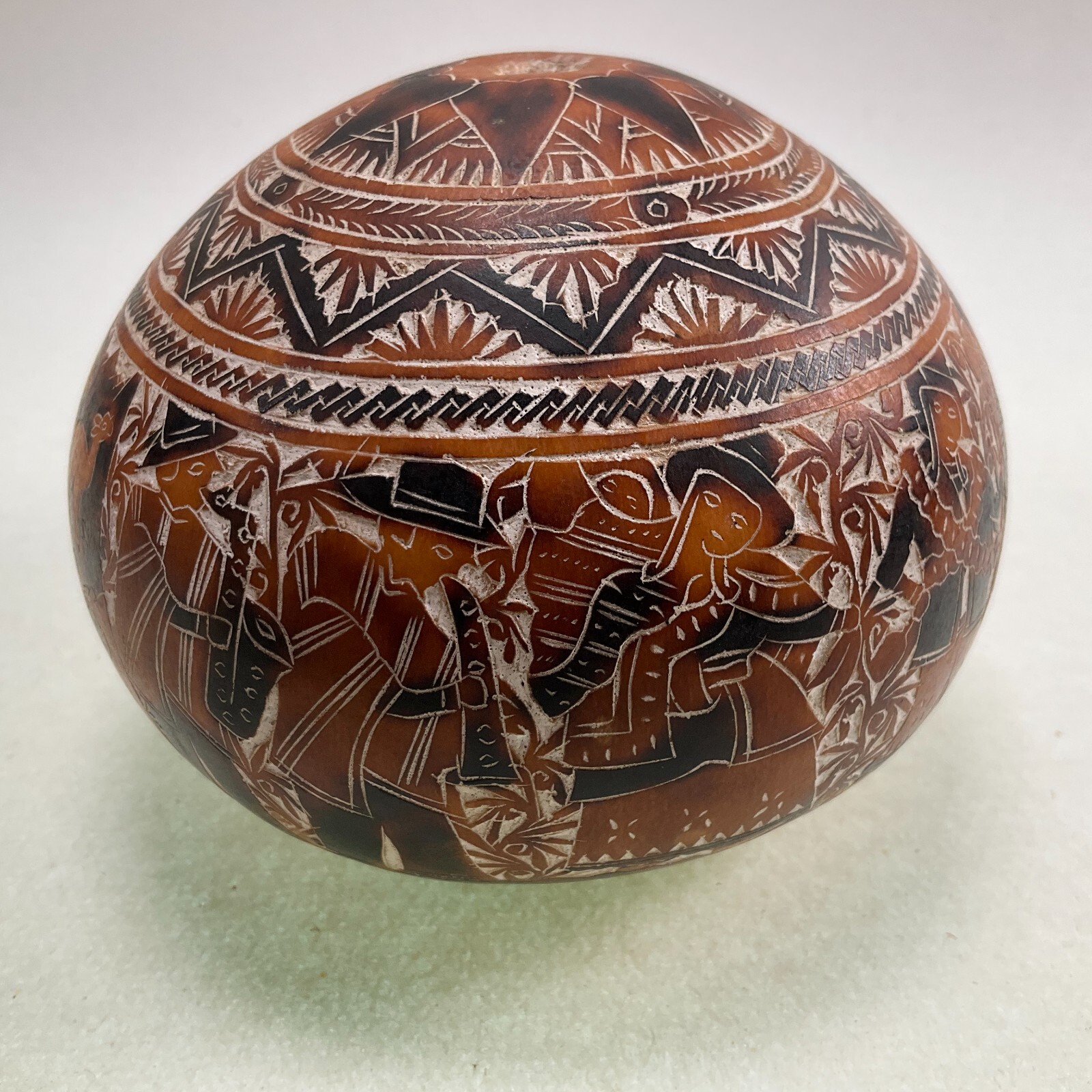 Peruvian Intricate Hand Carved Story Gourd - Musicians - Folk Art