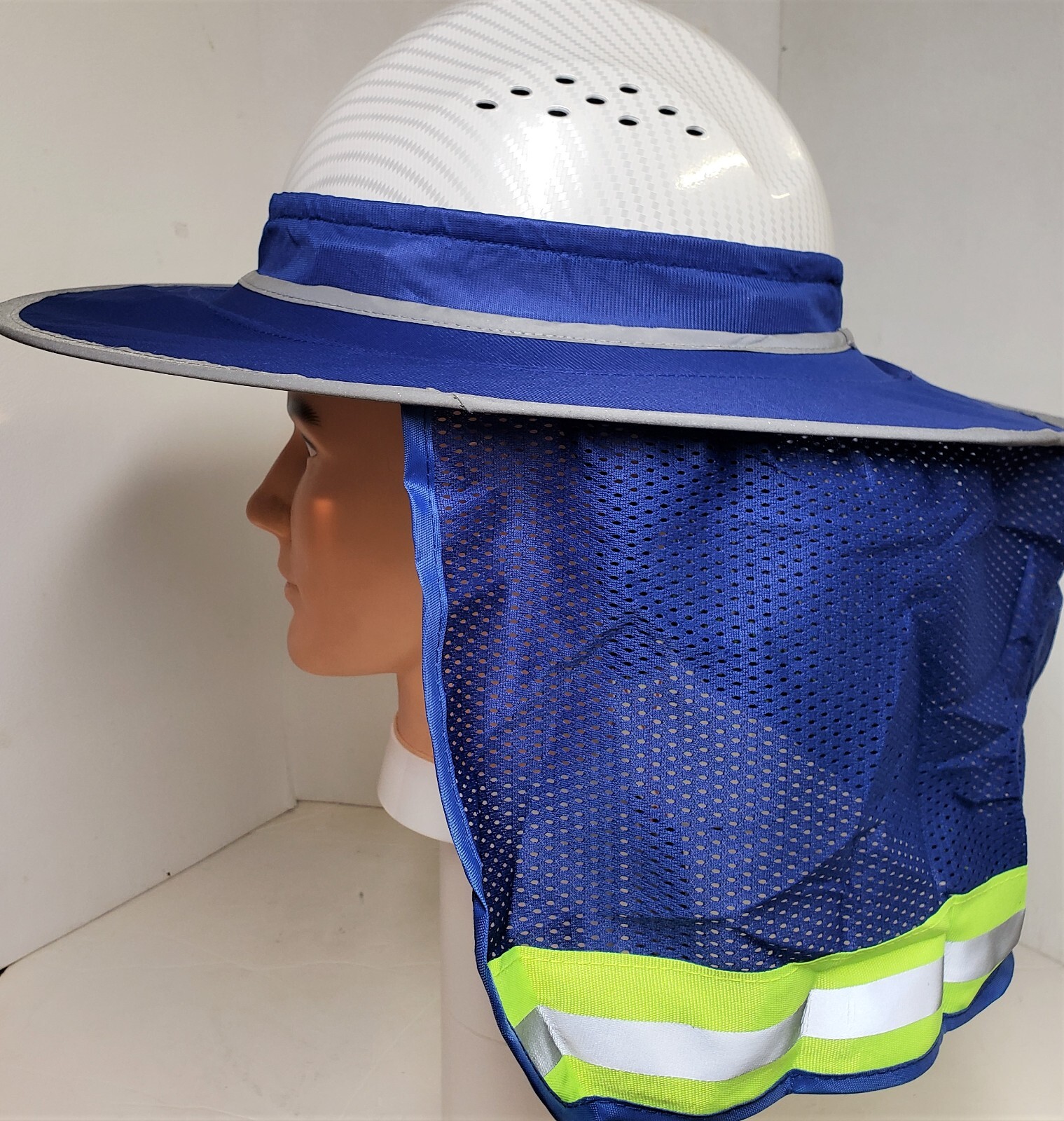 BLUE Hard Hat Sun Shade Visor Full Brim Mesh Neck HI VIS REFLECTIVE STRIPE