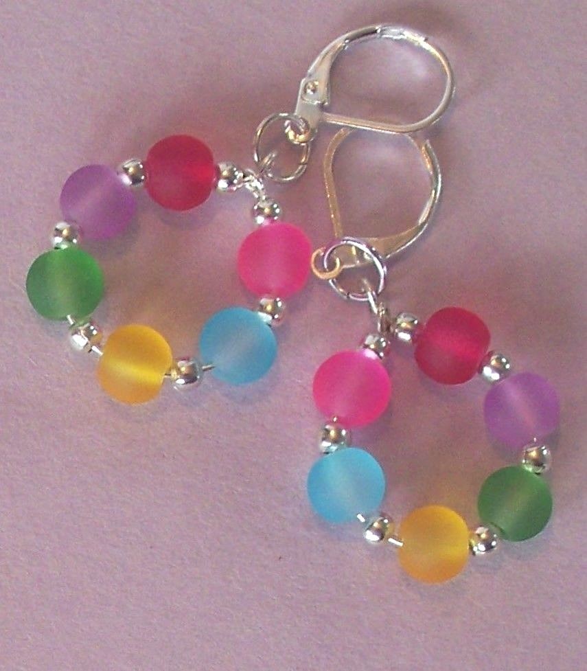 COLORFUL beach glass CRYSTAL earring HOOPS SP LEVERBACK handcrafted
