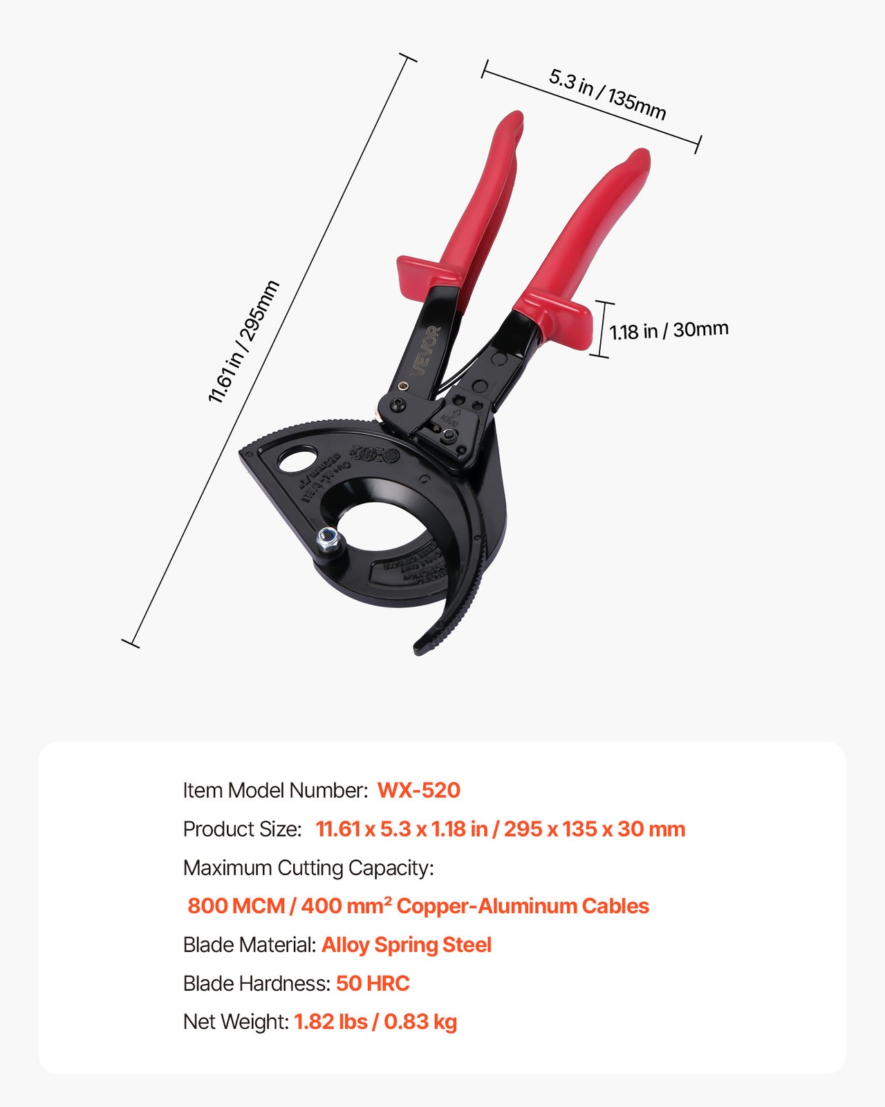 VEVOR Ratcheting Cable Cutter Cutting Copper Aluminum up to 800 MCM / 400 mm²