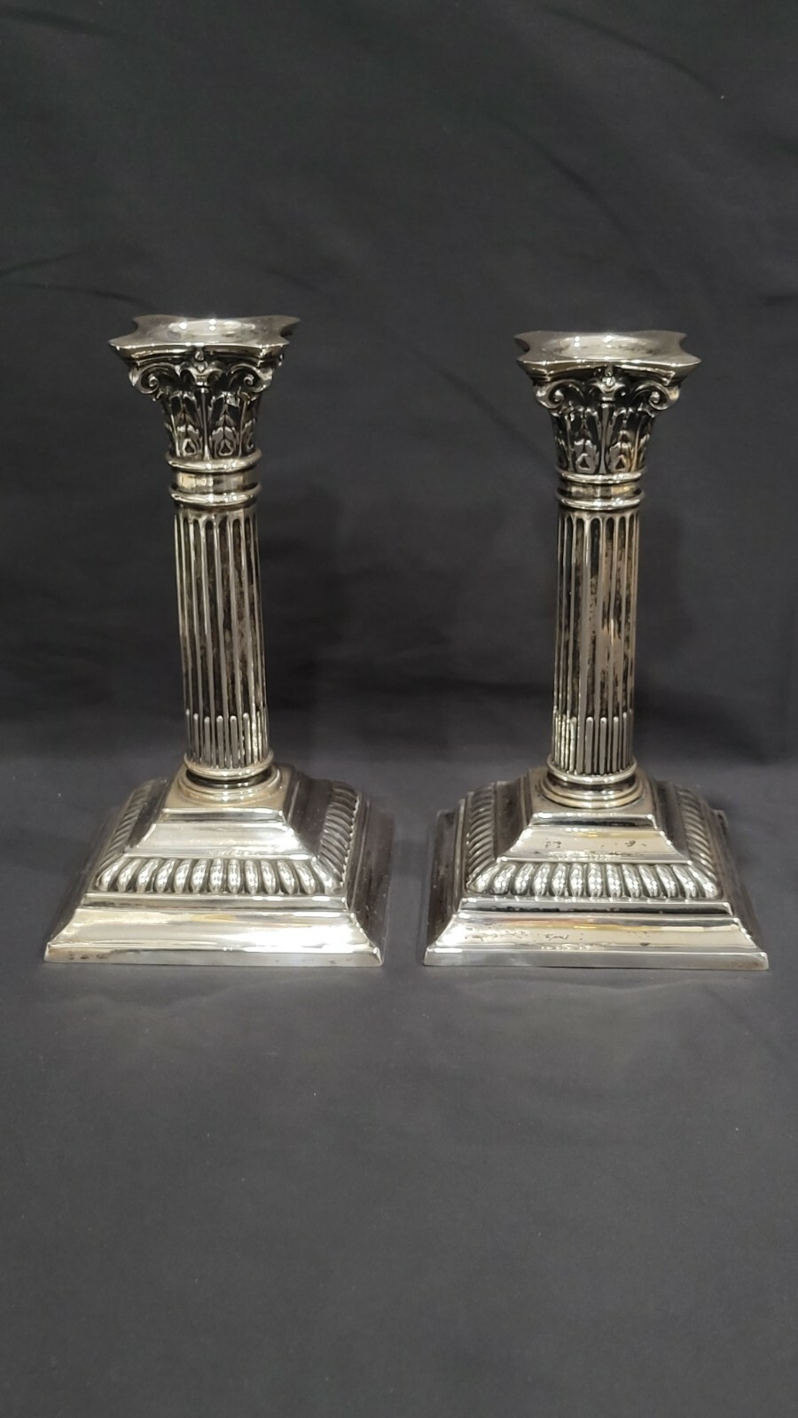 Two of Antique German Gebruder Deyhle 800 silver column candle sticks, 19th C.