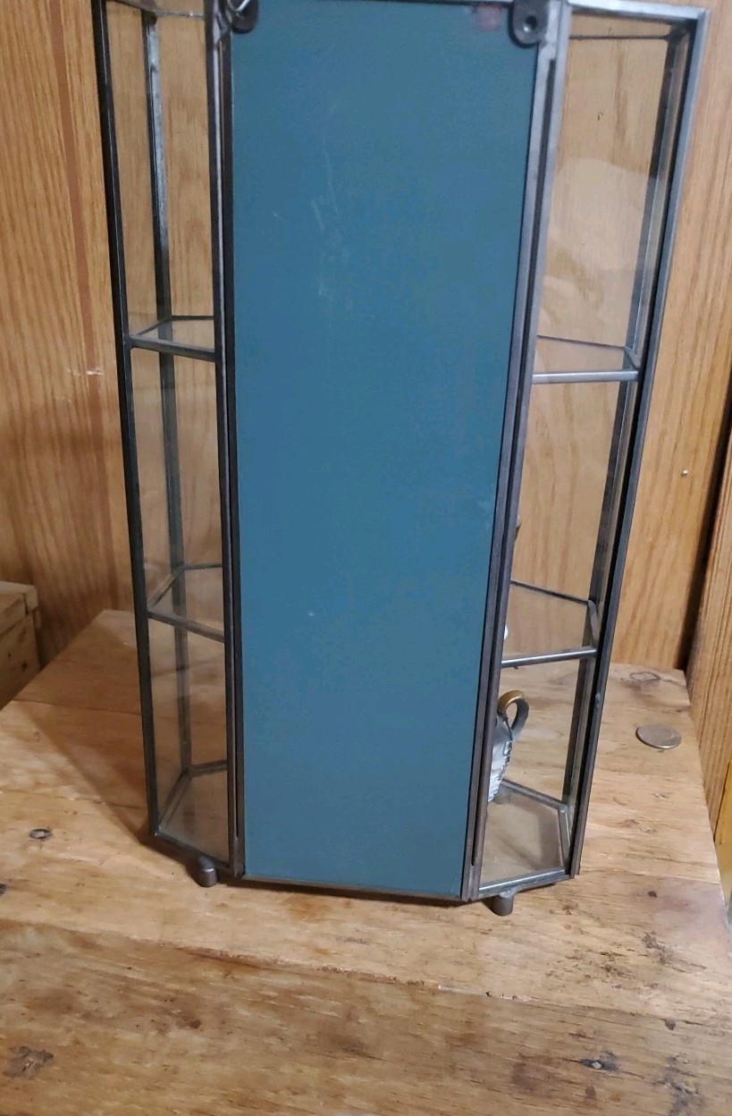 Vtg Brass Glass Hexagonal Curio Display Cabinet Showcase 2 Shelves Door