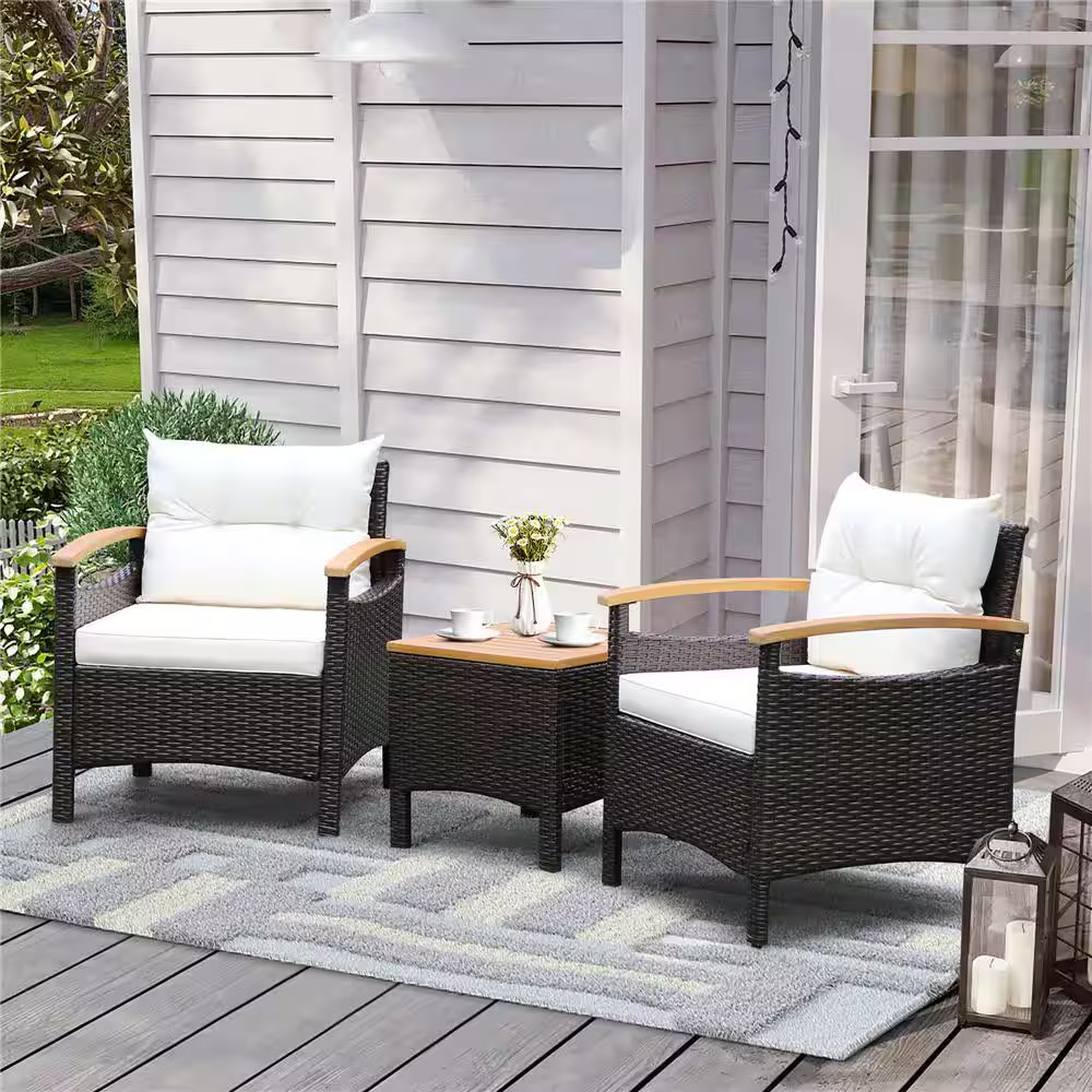 3-Piece Patio Rattan Furniture Set Wooden Armrest Table Top Cushioned Deck in of