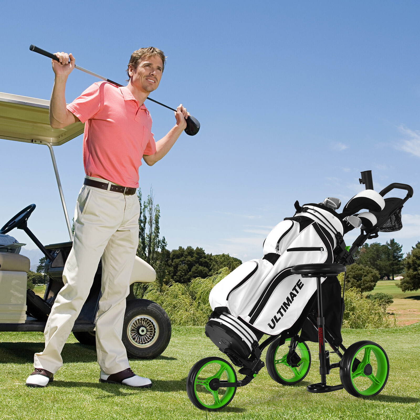 Goplus Folding 3 Wheels Golf Push Cart with Seat Scoreboard Adjustable Handle