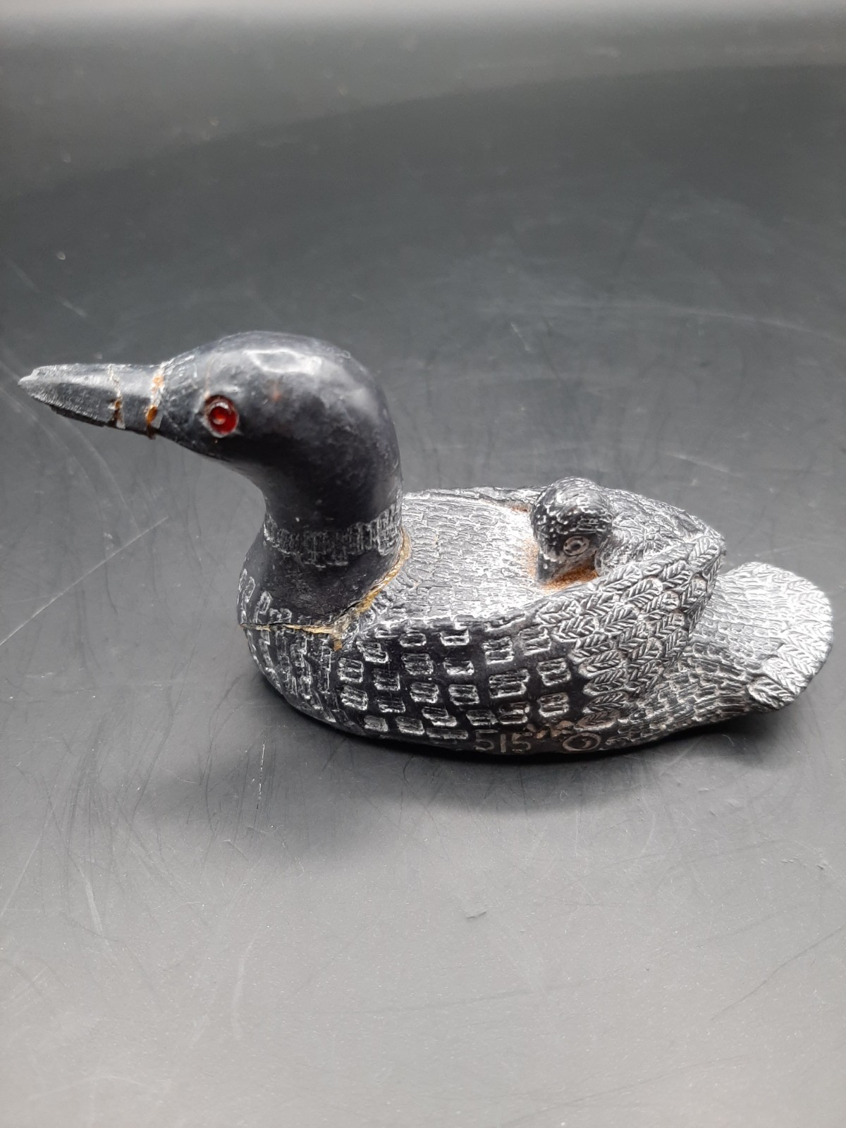 2 Wolf Original Carvings of a Loon with baby on it's back, Canada, 3 3/4" x 2"