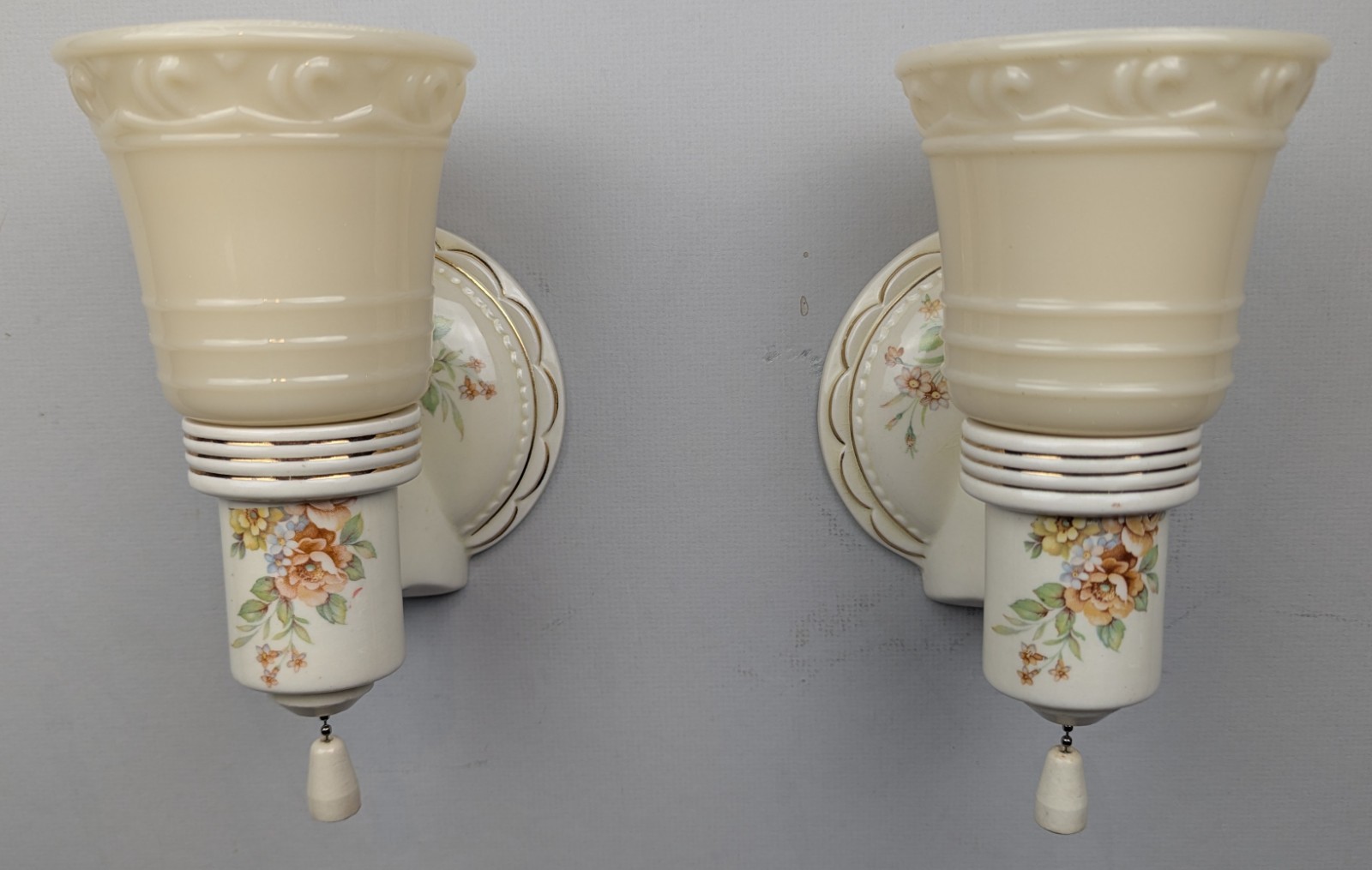 Restored Pair Porcelier Art Deco-MCM Porcelain Sconces, Glass Shades, Excellent!