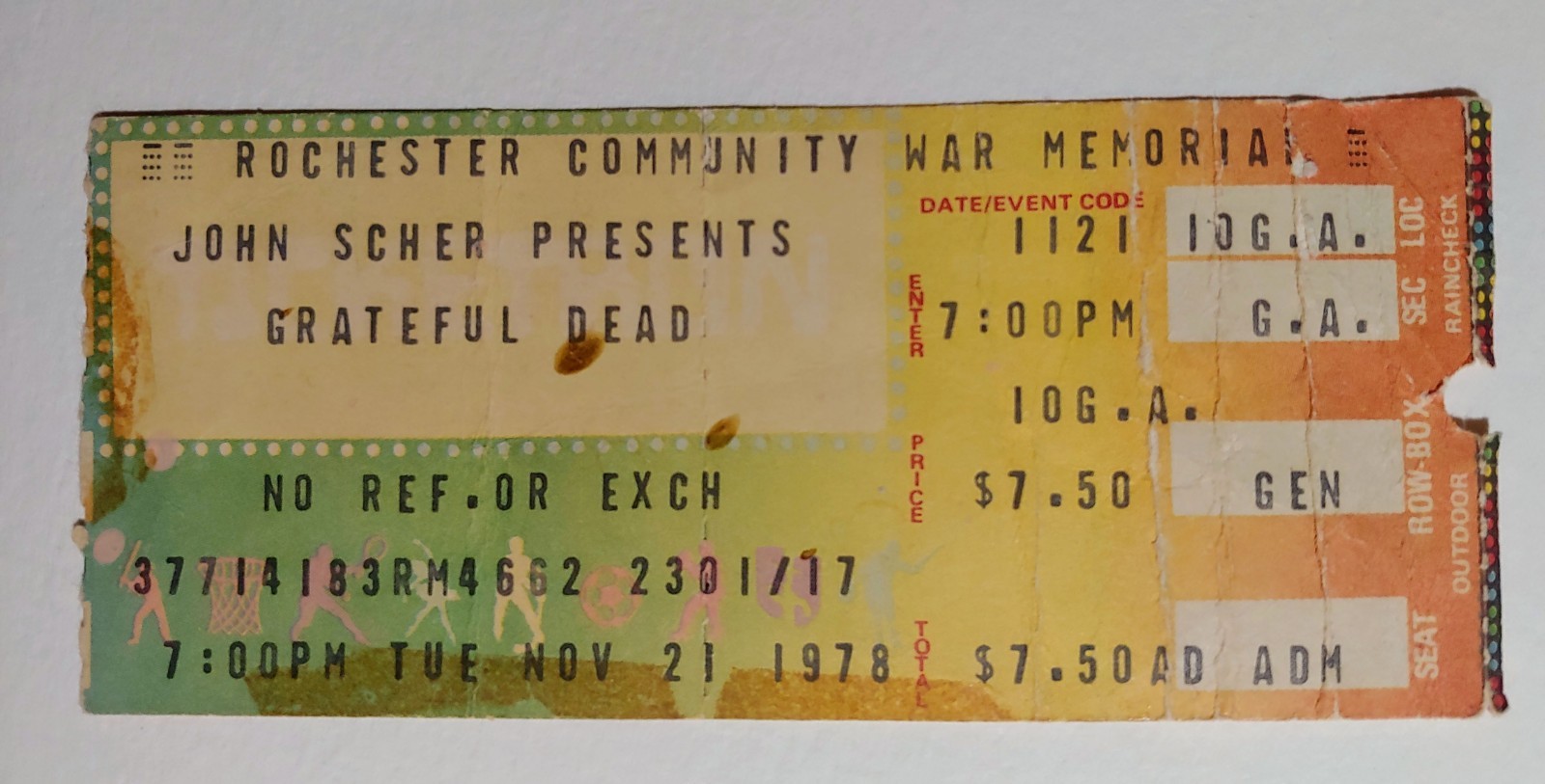 GRATEFUL DEAD Concert Ticket Stub - November 21, 1978  Rochester War Memorial