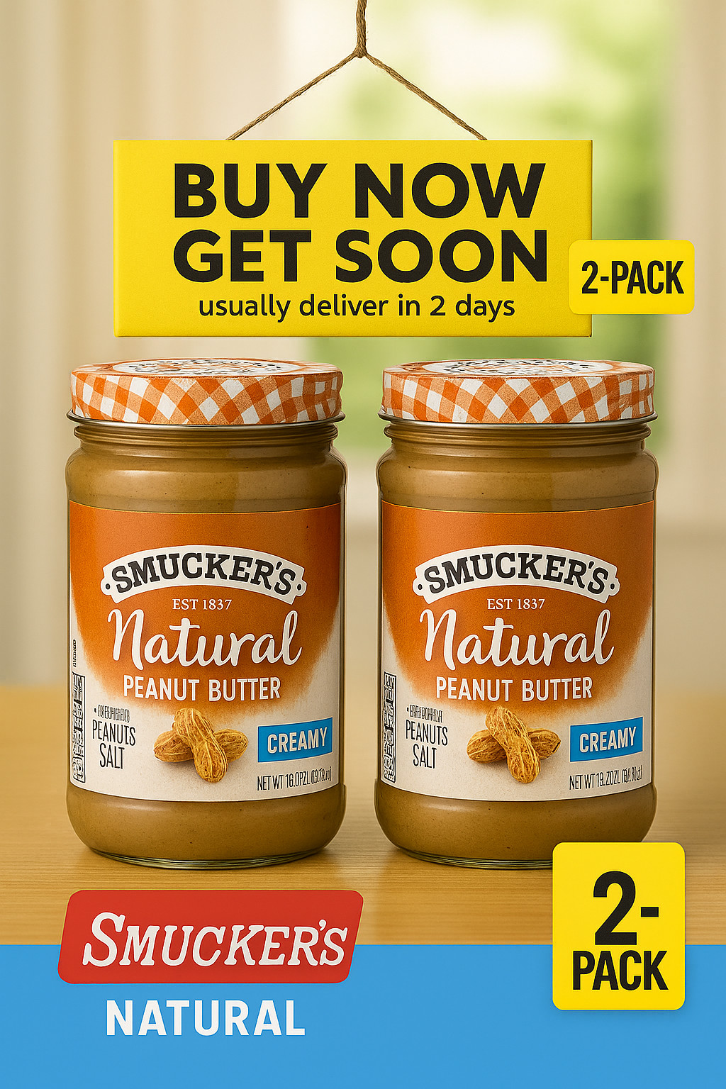 2 Pack Smucker’s Natural Creamy Peanut Butter 26 oz Jars No Stir Added Salt