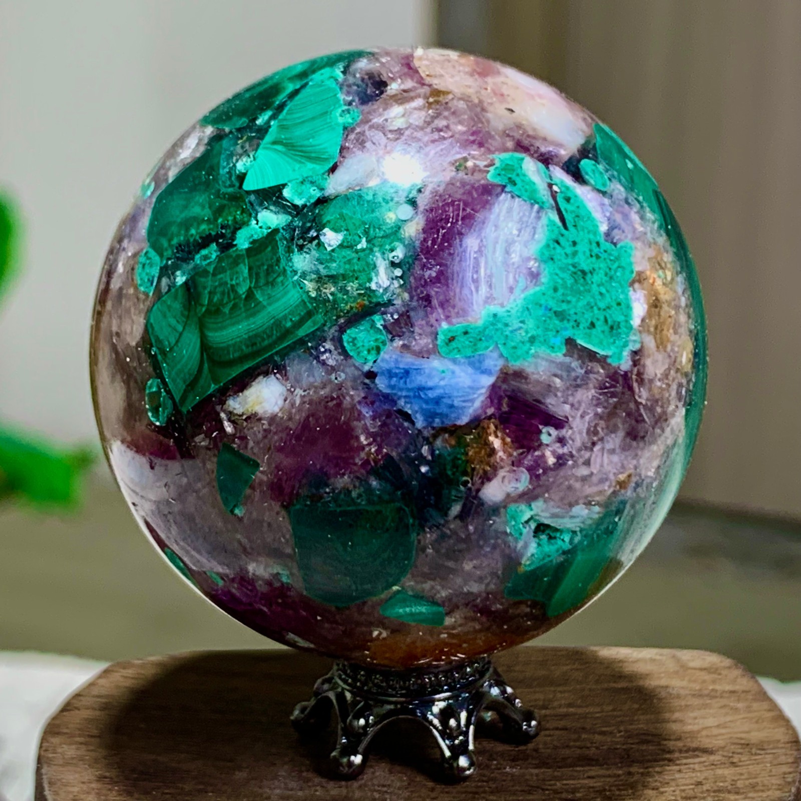 116G Newly discovered rare malachite purple mica symbiotic sphere restoration