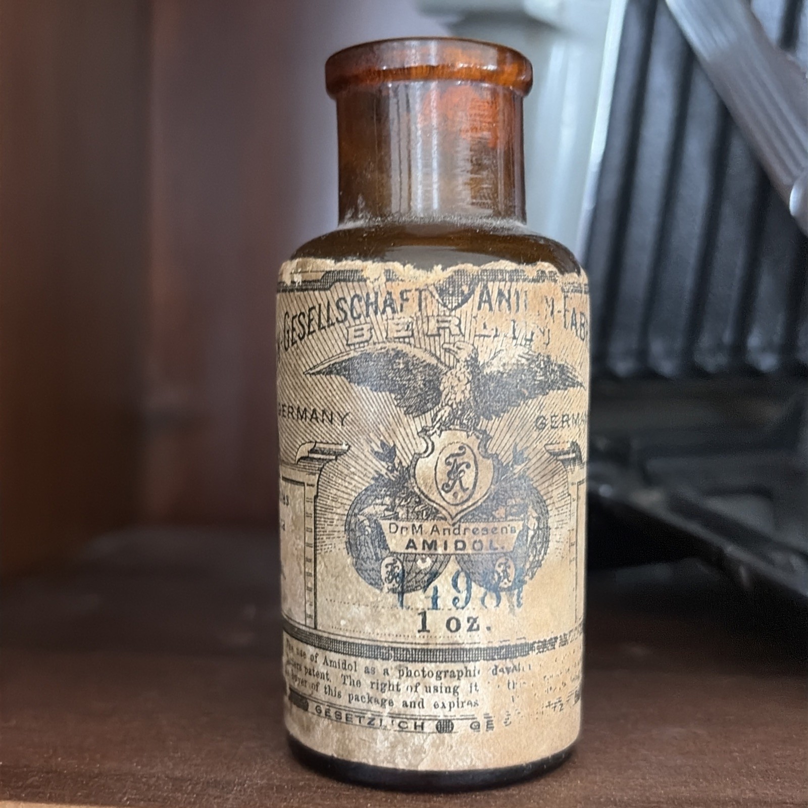 Antique Brown Bottle w Cork Photography Camera Amidol Solution GERMANY US PATENT