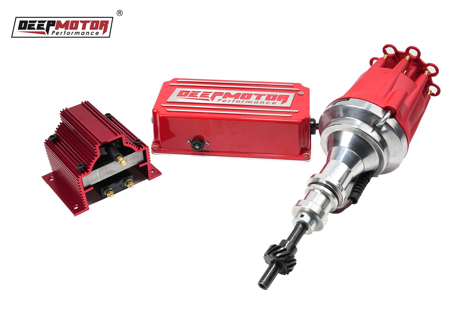 Deepmotor SBF Billet Distributor Coil Ignition Box Kit for Ford 289 302 Red