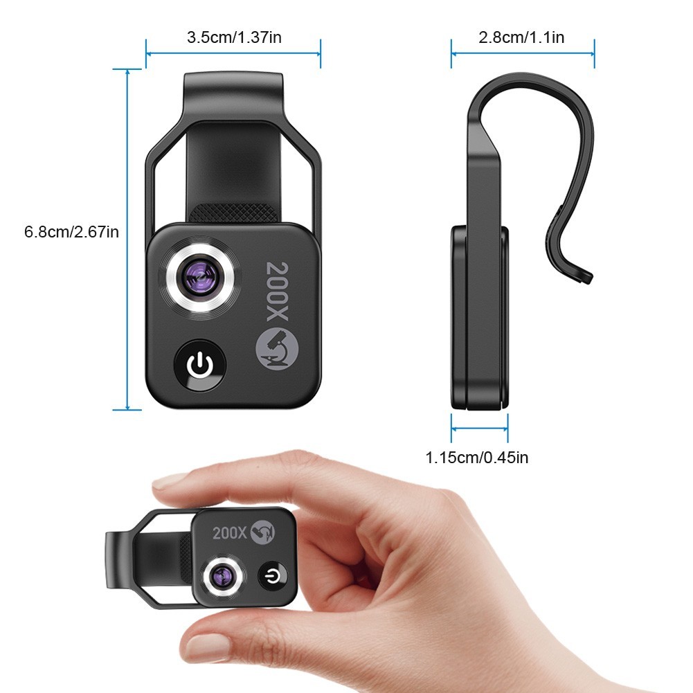 200X Phone Mini Pocket Microscope with LED Light/Universal Clip, Nano Zoom Porta