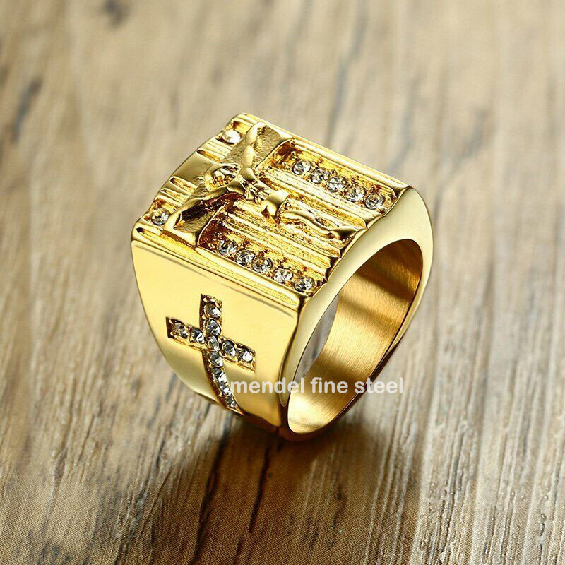 MENDEL Mens Stainless Steel Gold Plated CZ Jesus Cross Crucifix Ring Size 7 8-15