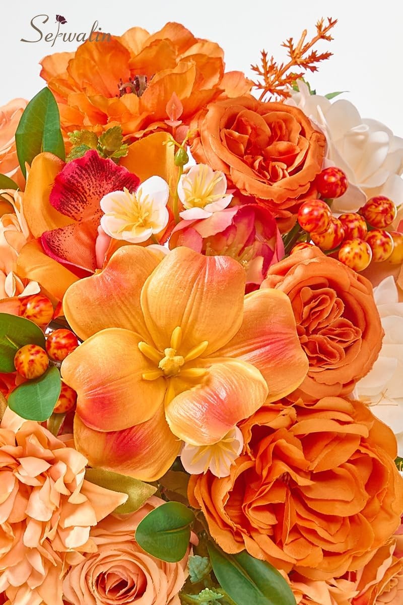 11 Inch Wedding Bouquets Bride Bridesmaid,Fall Cascading Orange Bridal Bouquets