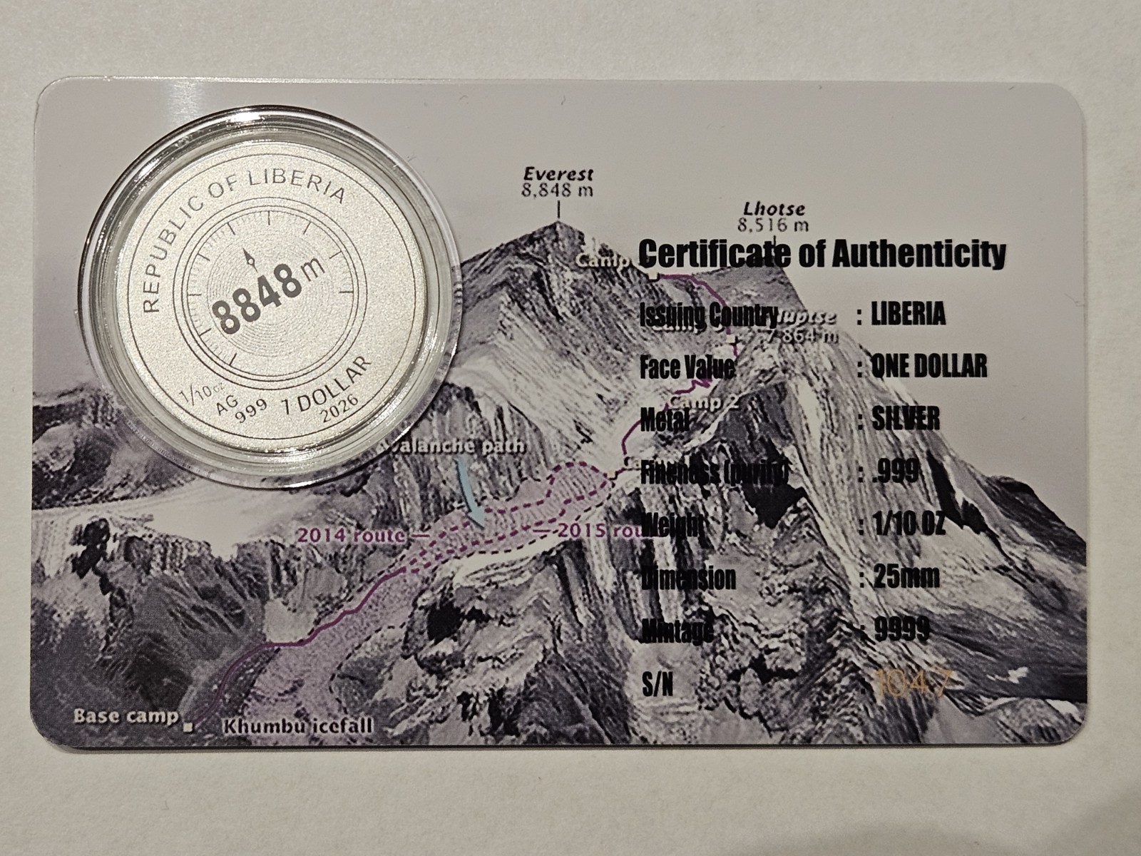 MOUNT EVEREST 1/10 Oz Silver Coin 1$ Liberia 2026