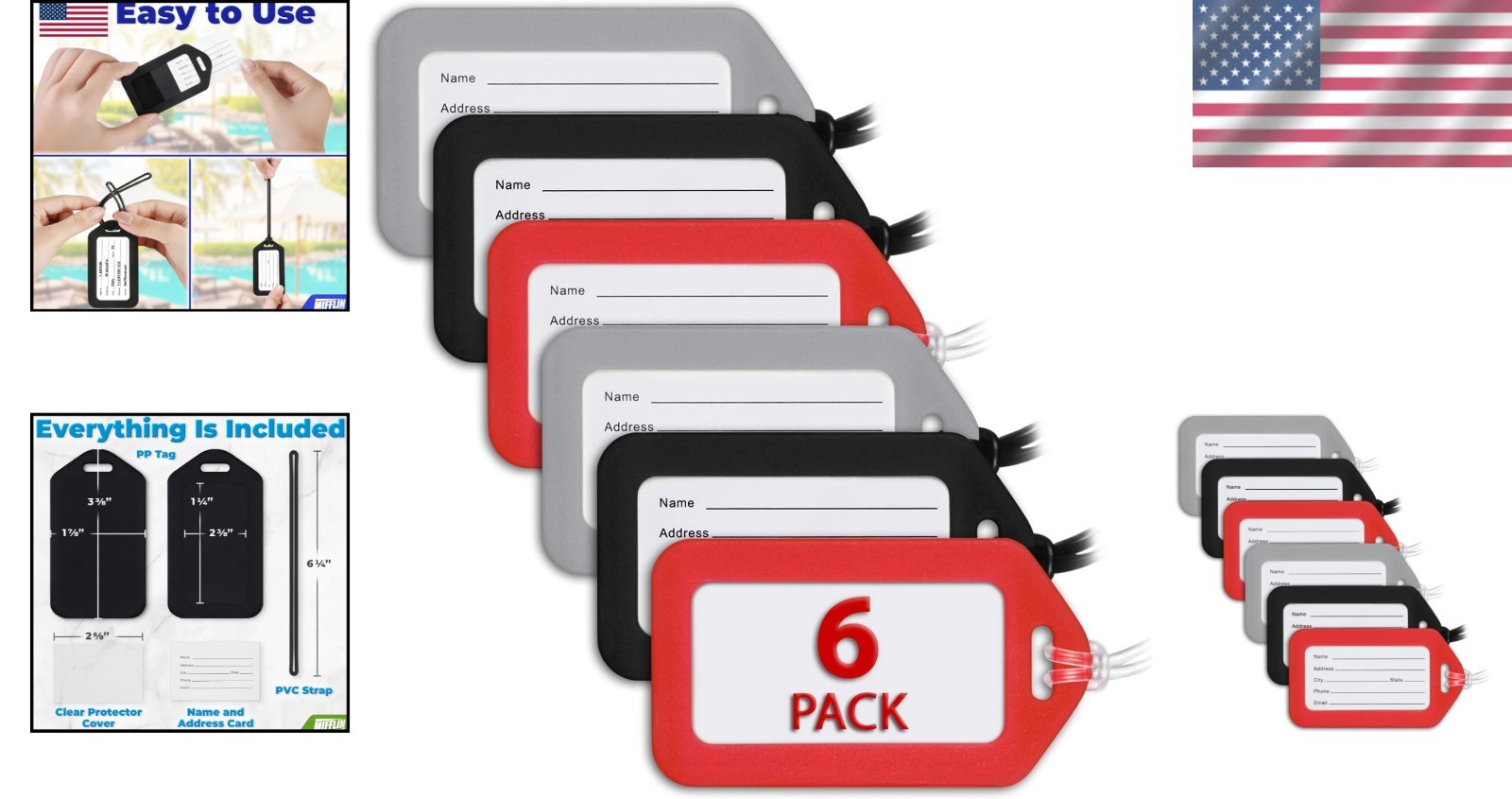 Reliable Luggage Tags Set - 6 PVC Tags with Protective Film for Travel Ease